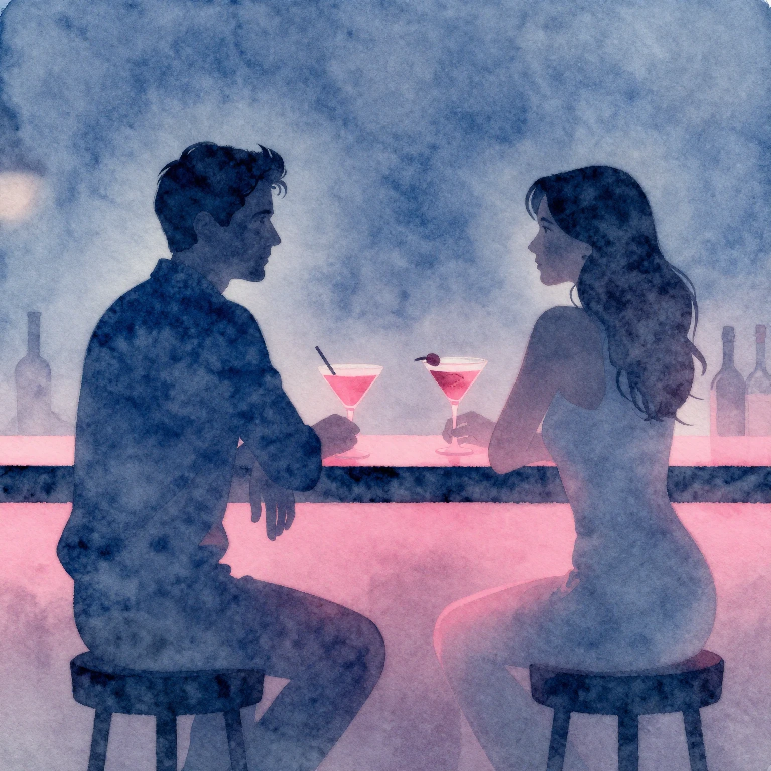 Watercolor painting of neon silhouettes of a man and a woman...