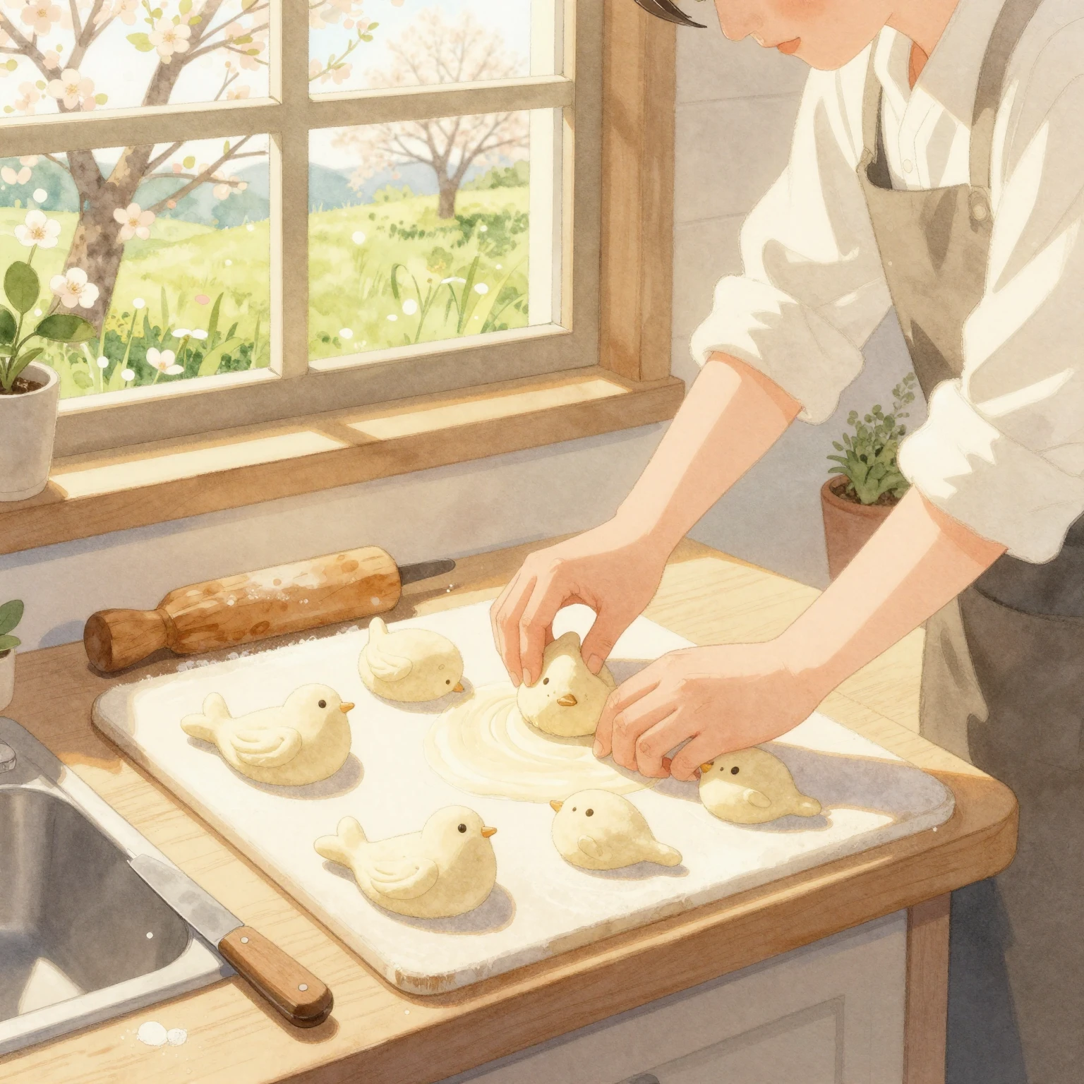 Watercolor painting of a person baking bird-shaped dough bun...