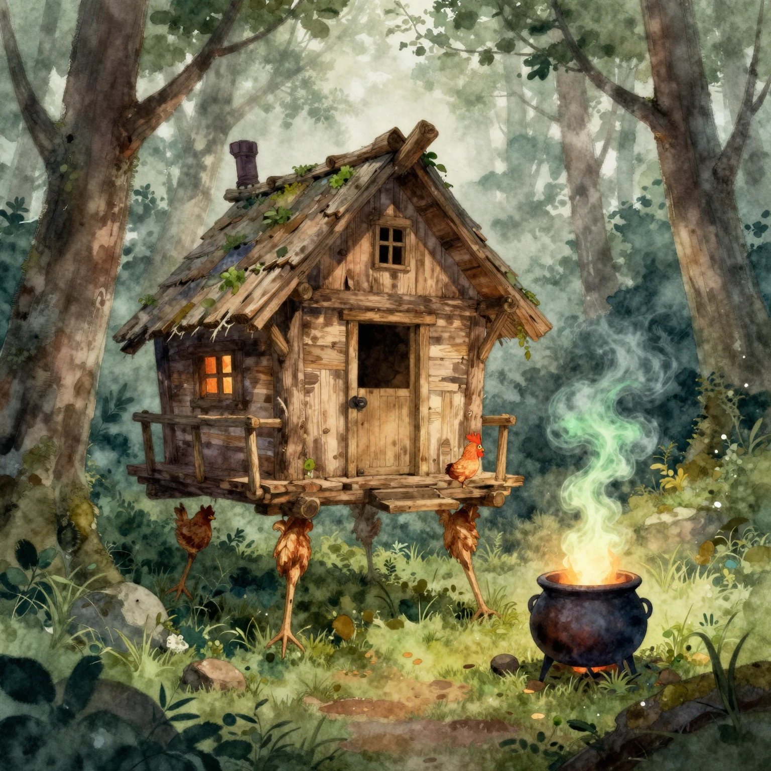 A watercolor illustration depicting a crooked wooden hut sta...