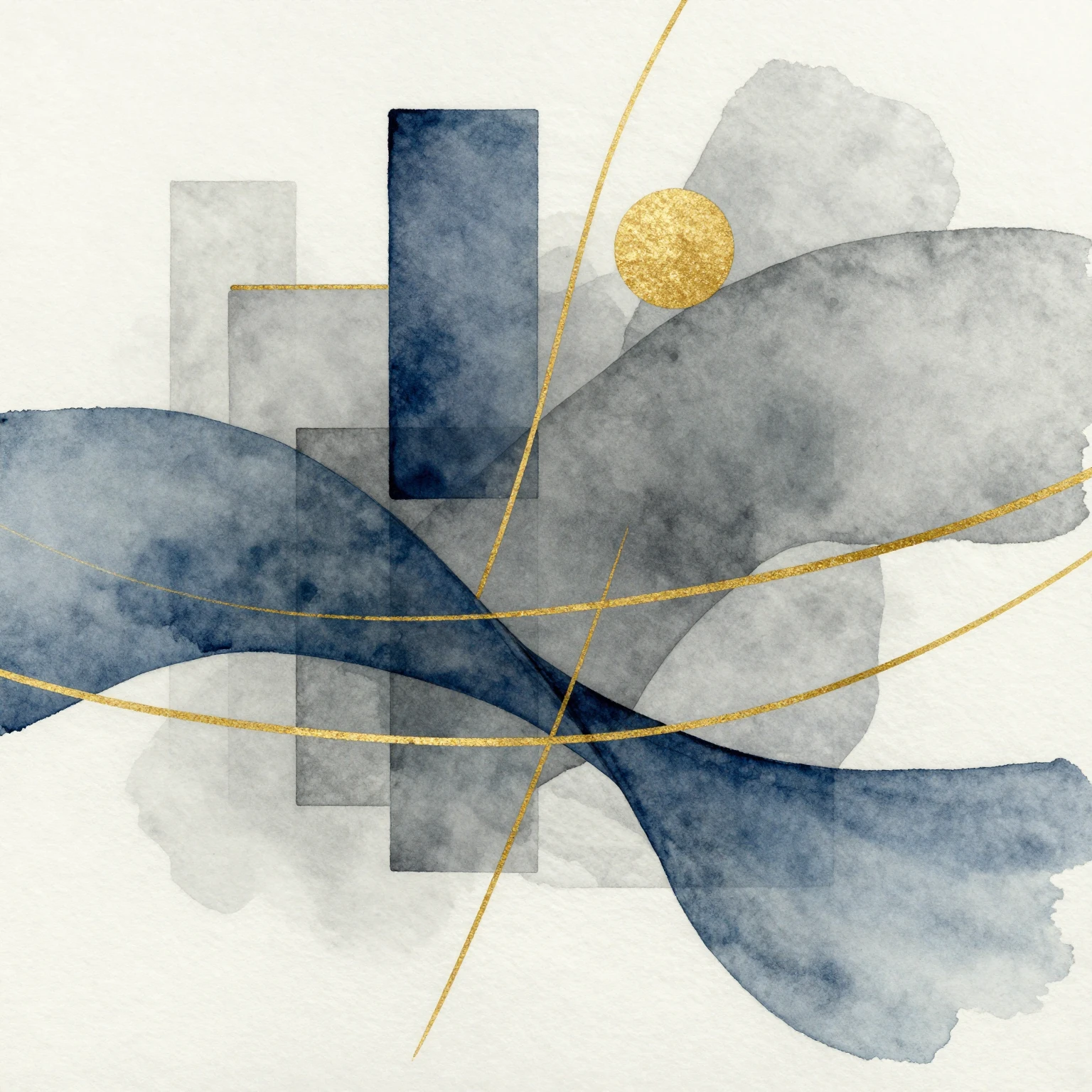 Professional watercolor art with blue, grey, and gold color ...
