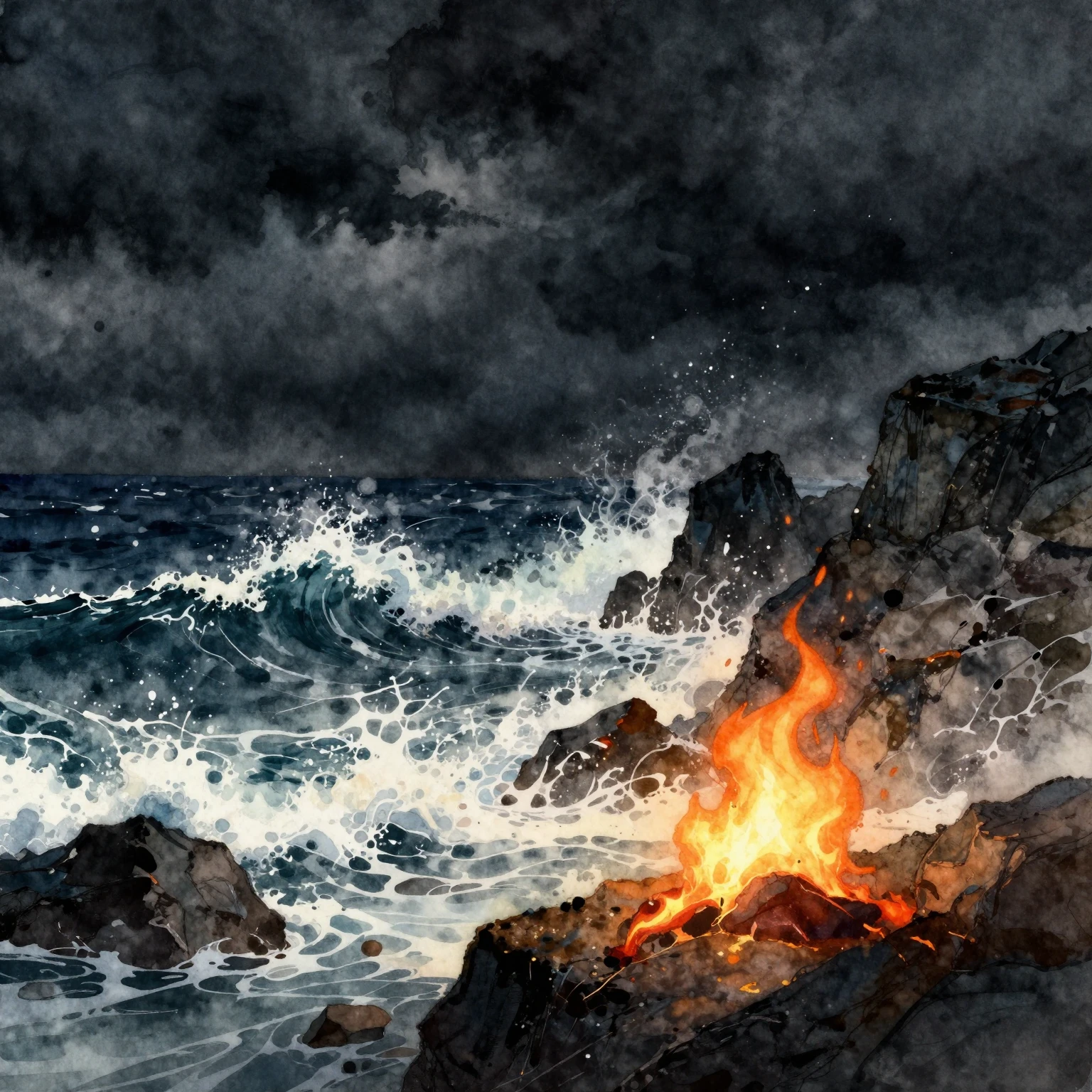 Vibrant watercolor style. Dramatic opera album art. A stormy...