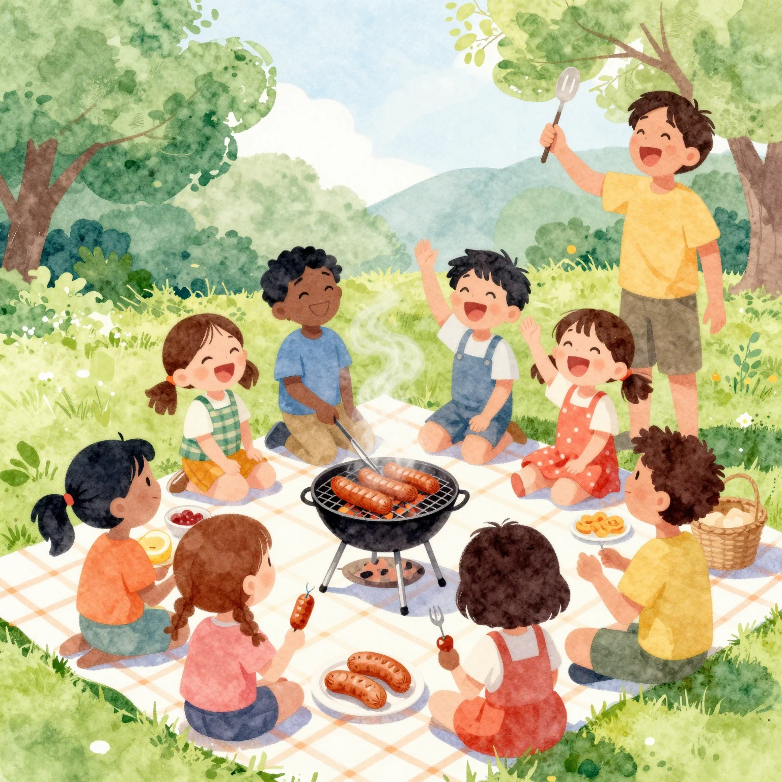 Vibrant watercolor style. An energetic picnic scene with a g...