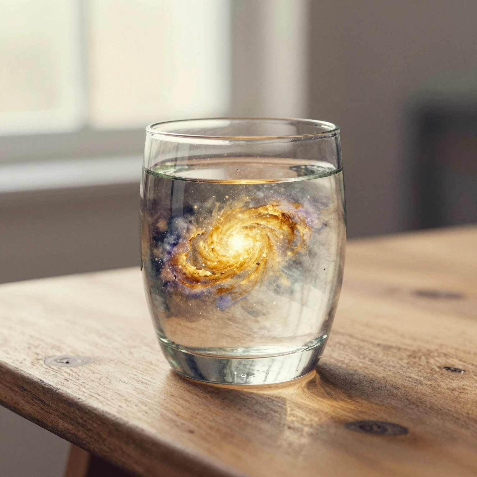 Watercolor style. A surreal still life with a glass on a woo...