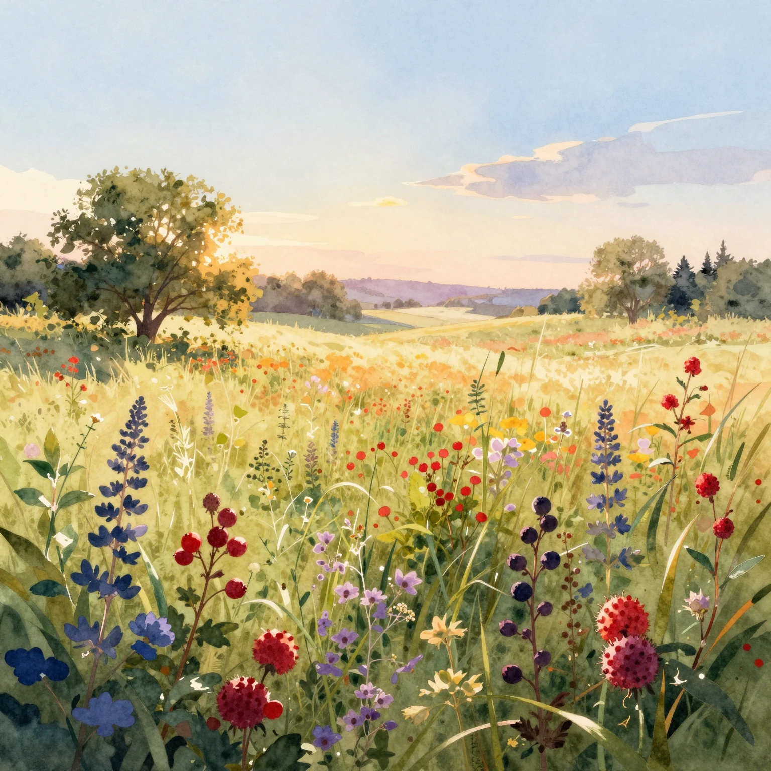Vibrant watercolor style. A warm glow of an August dawn over...