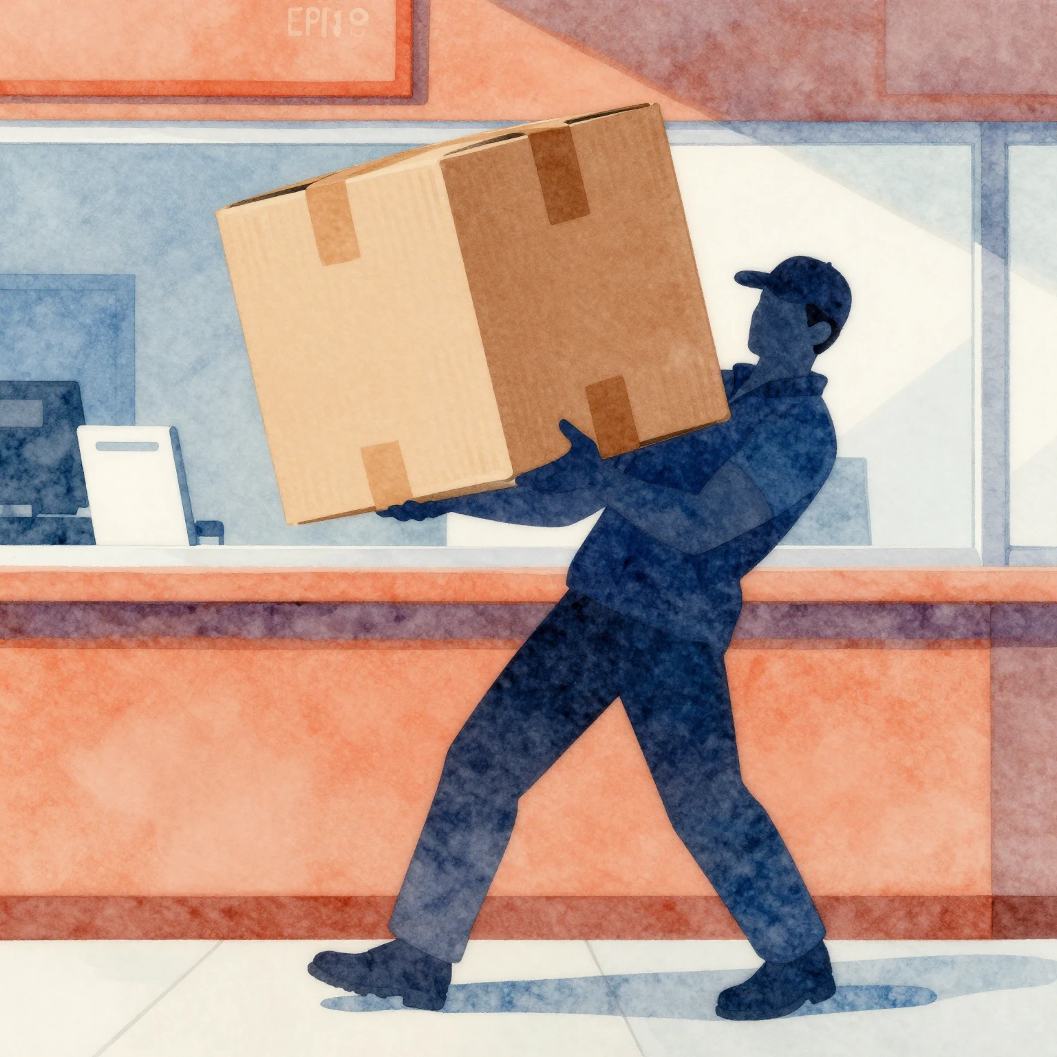 Watercolor style. A silhouette of a strong man carrying a la...