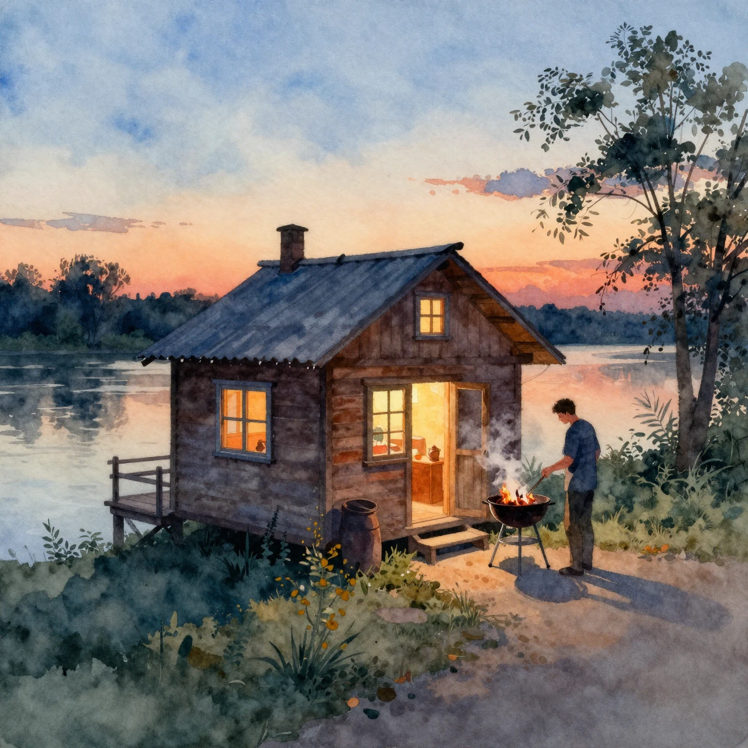 Watercolor painting of a cozy riverside house on the Don riv...