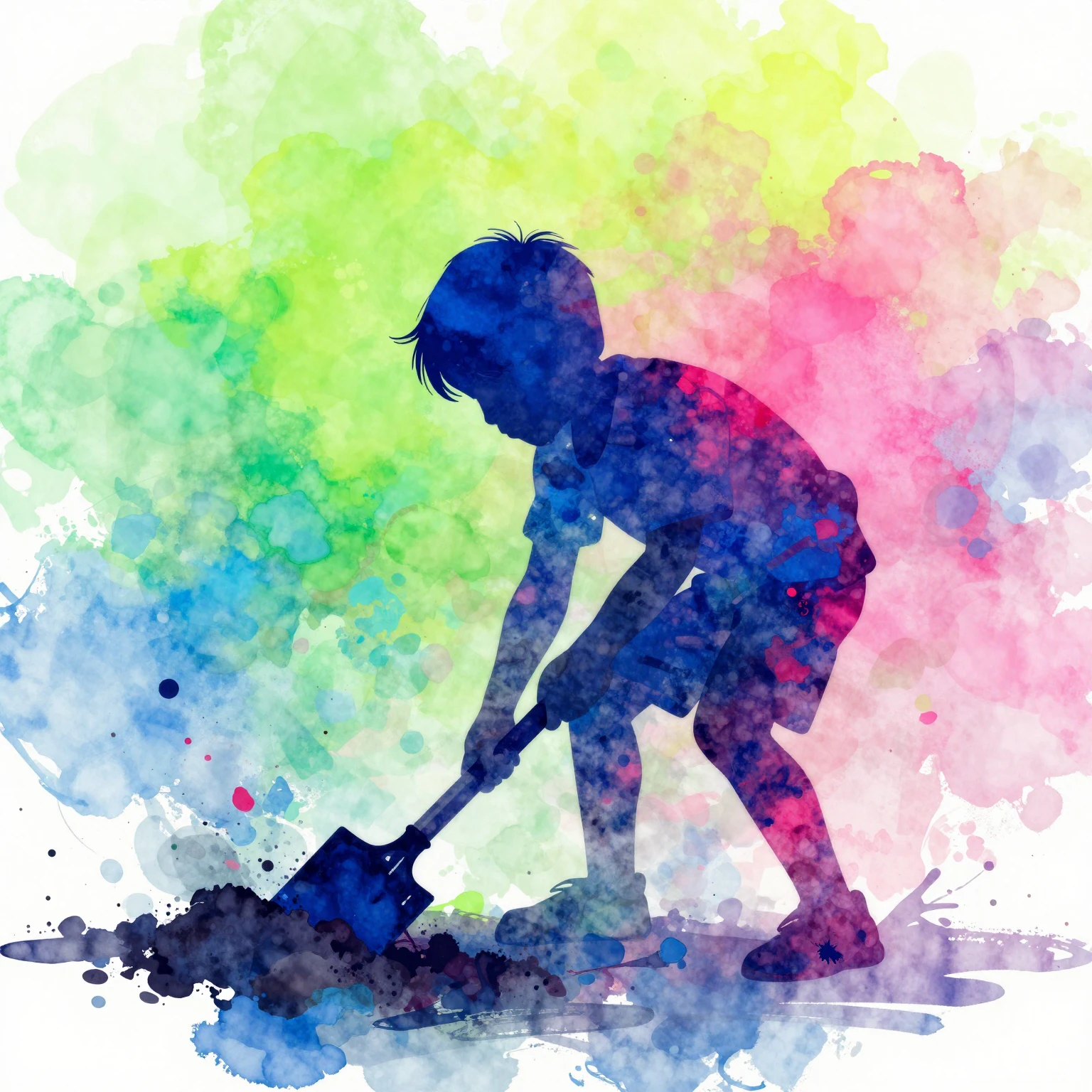 Abstract silhouette of a boy digging in a vibrant watercolor...