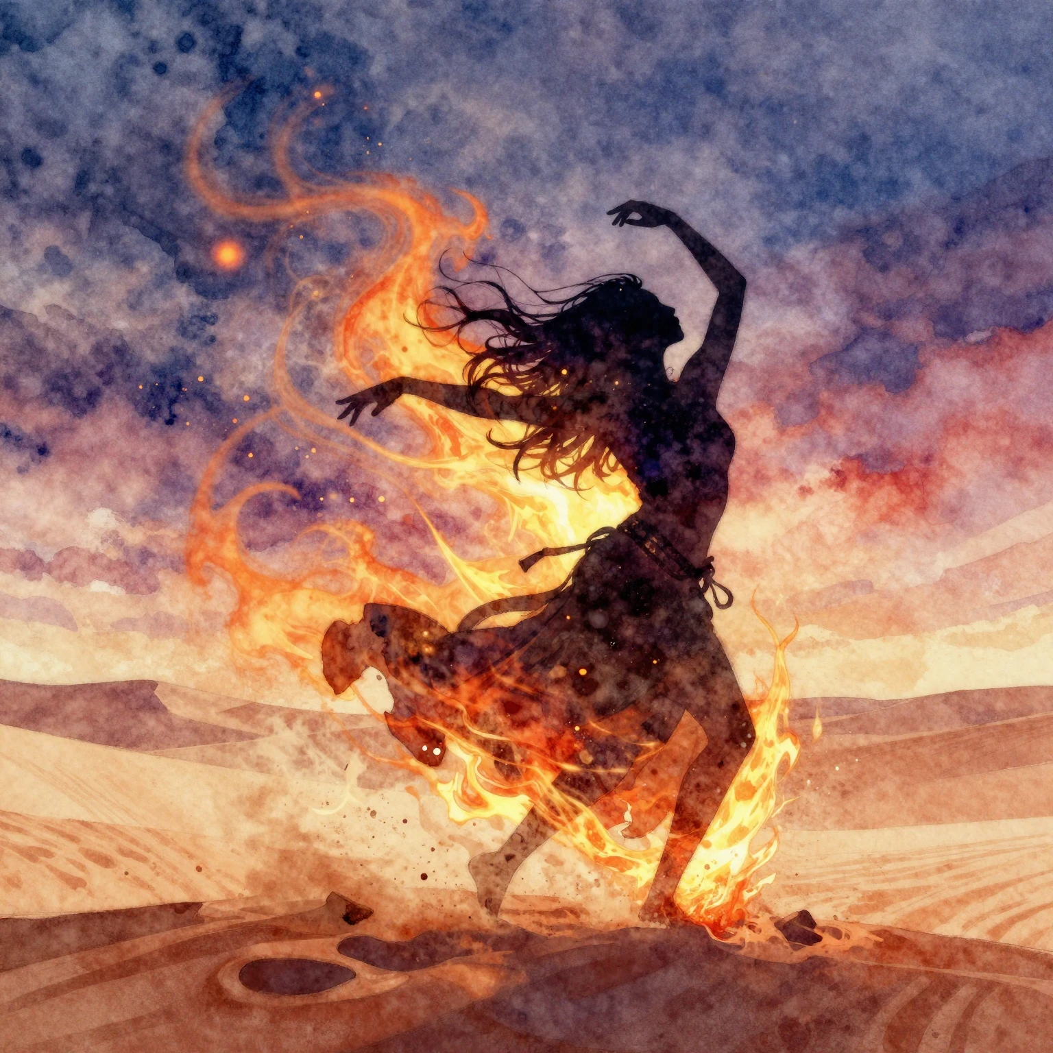 Vibrant watercolor style. Dynamic silhouette of a dancer ami...