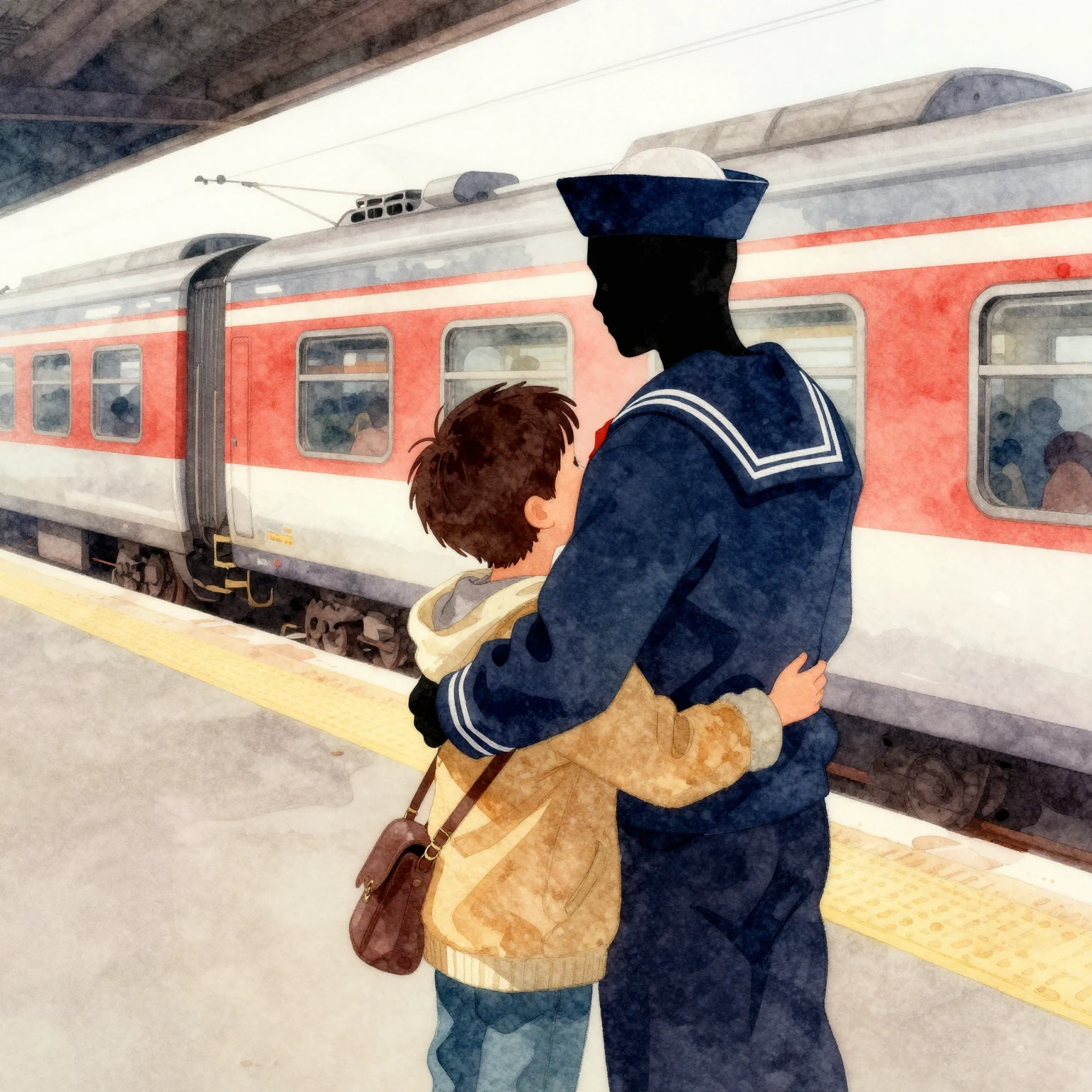 Vibrant watercolor style. A silhouette of a sailor embracing...