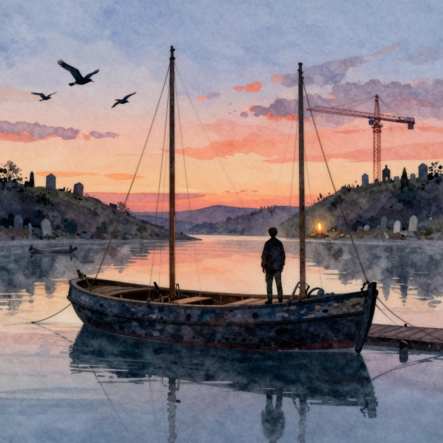 Vibrant watercolor style. A lone, silhouetted figure stands ...