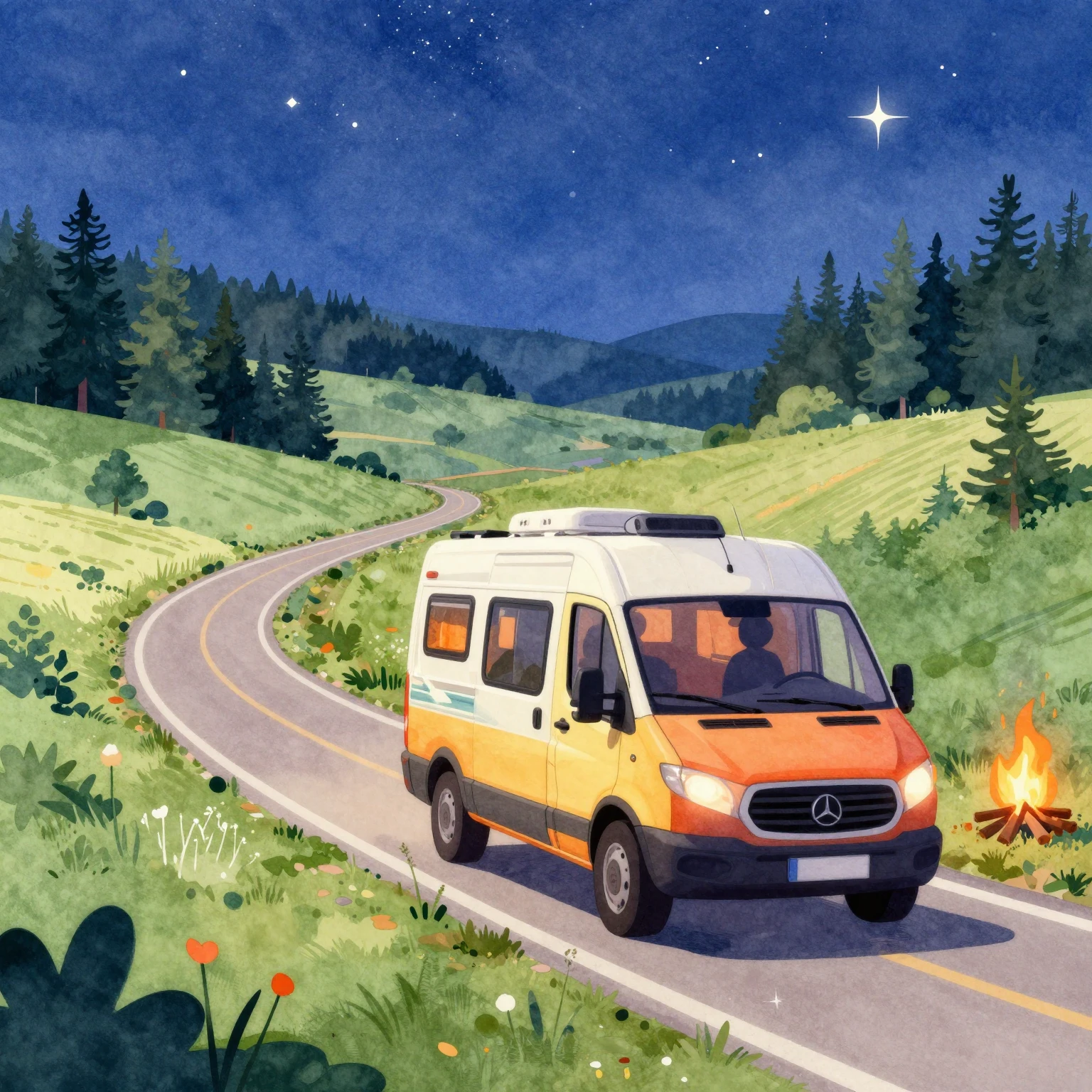 Vibrant watercolor style. A colorful camper van driving on a...