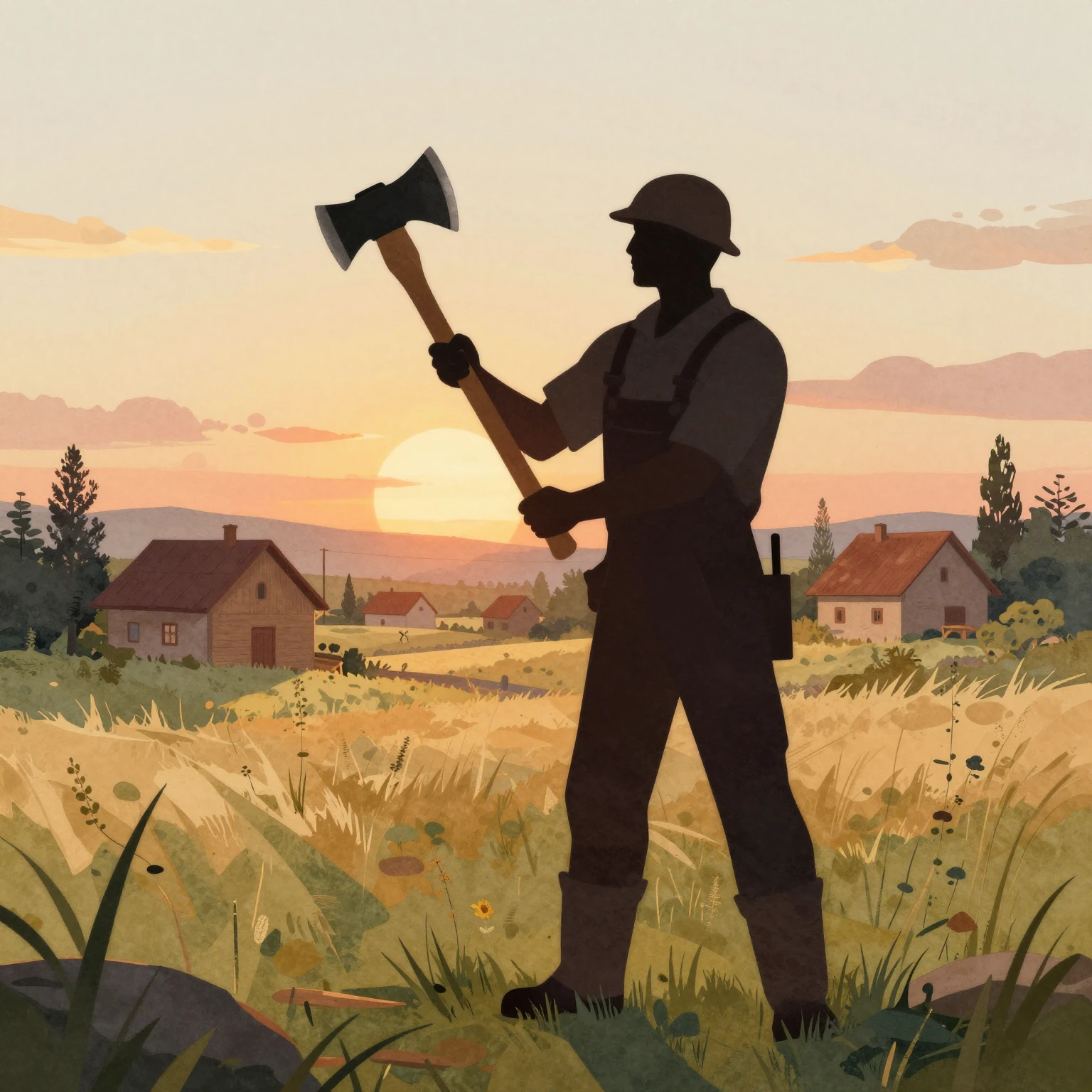 Watercolor style. A silhouette of a carpenter holding an axe...