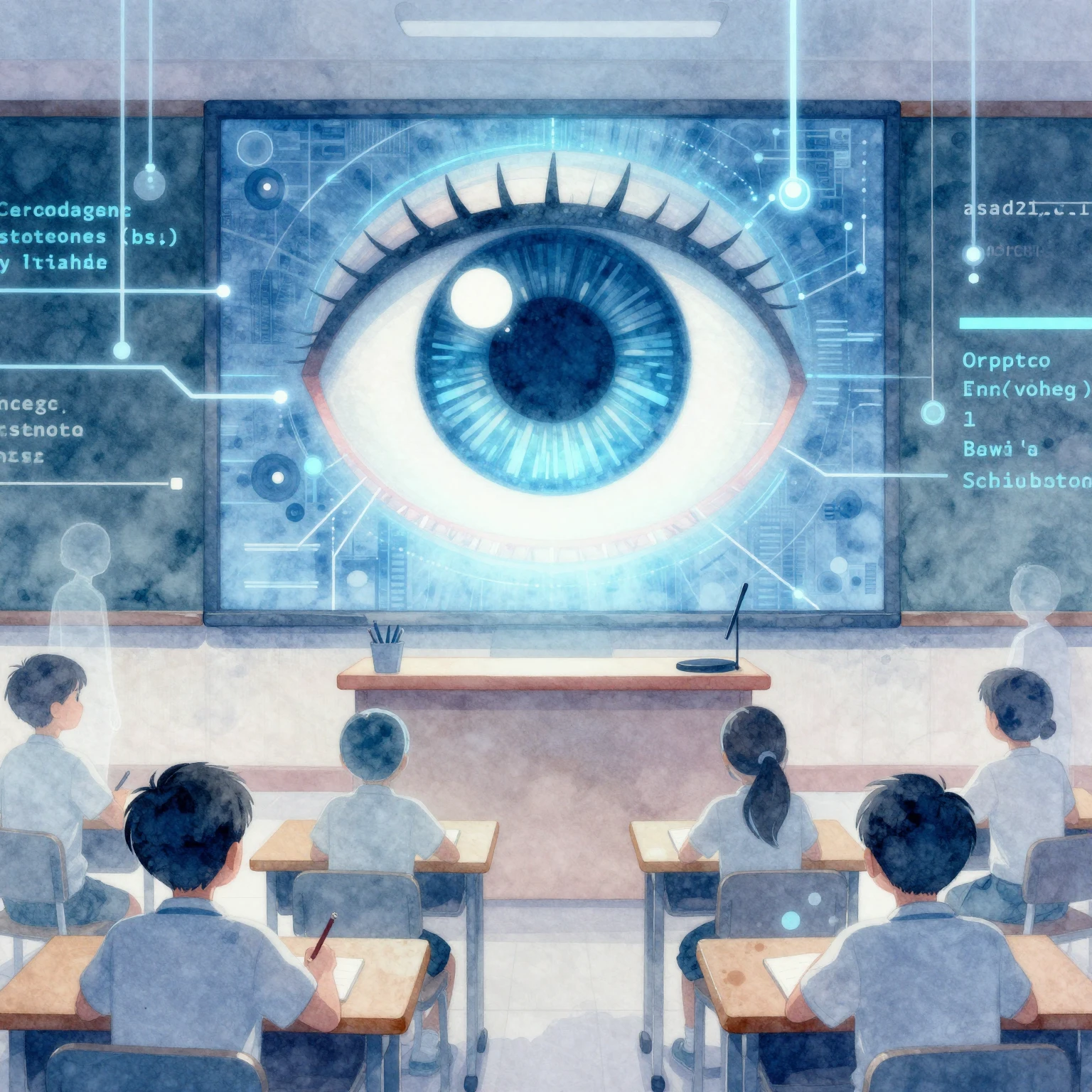 A vibrant watercolor style image depicting a classroom where...