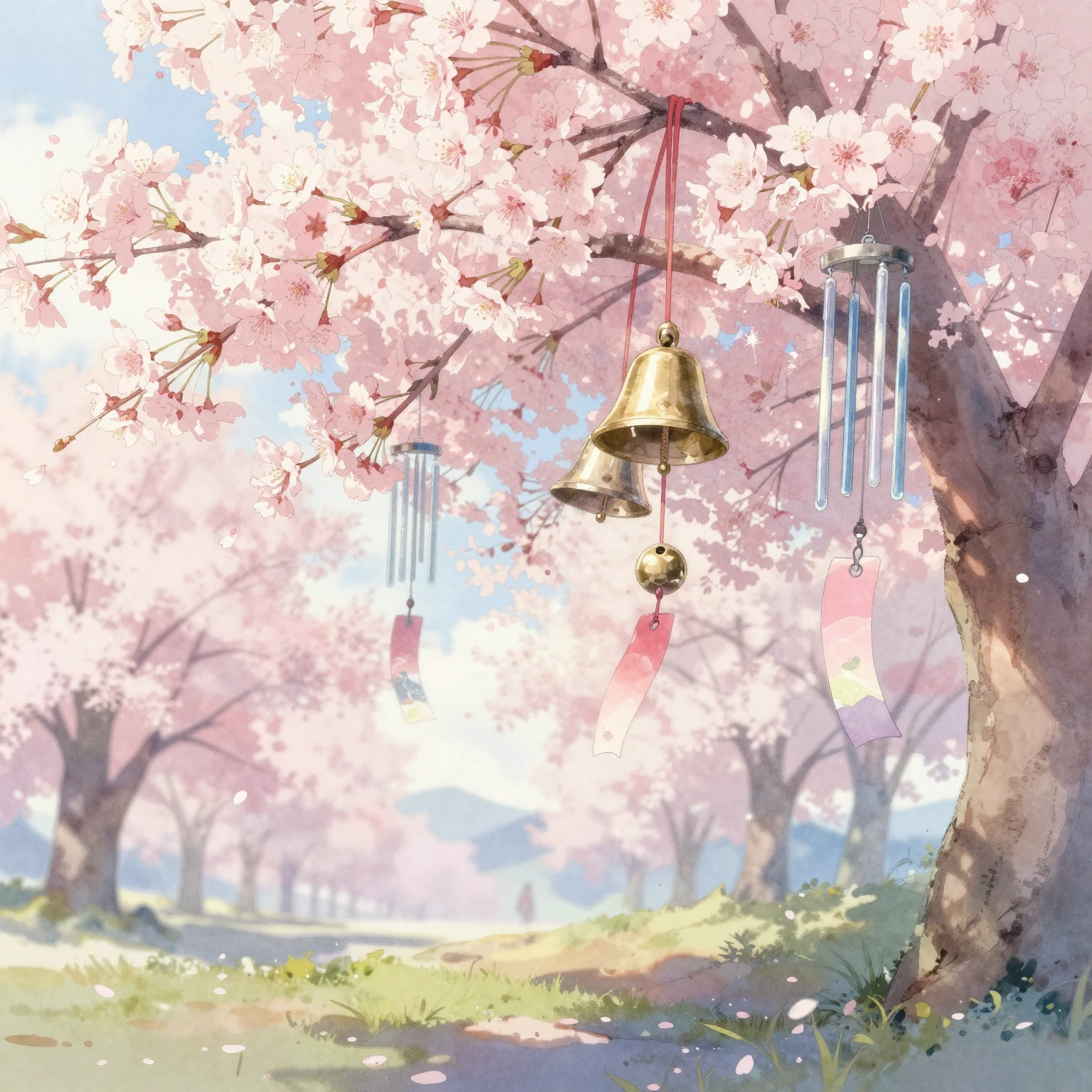 A serene anime landscape rendered with a watercolor effect, ...