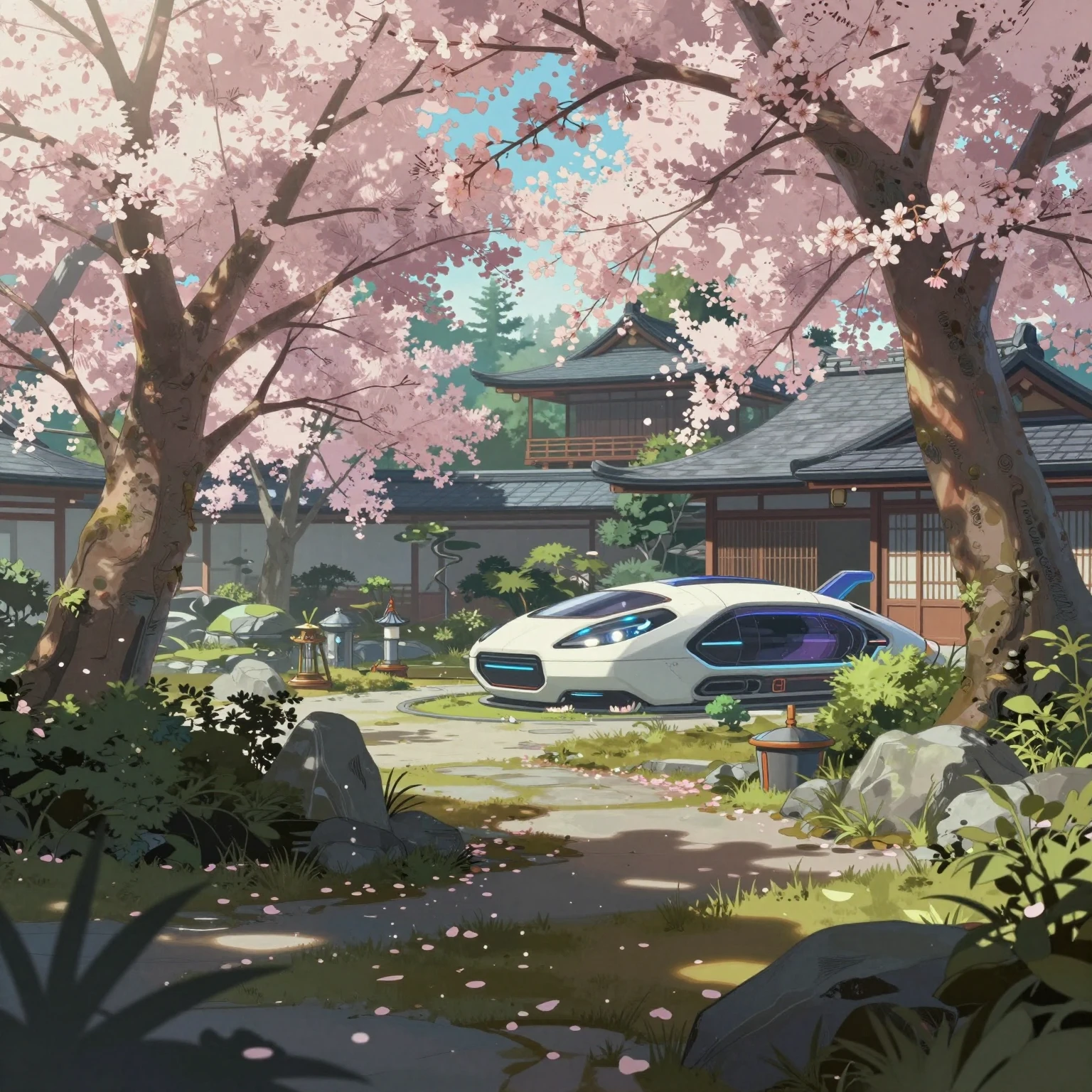 A serene yet futuristic garden scene, featuring blooming sak...