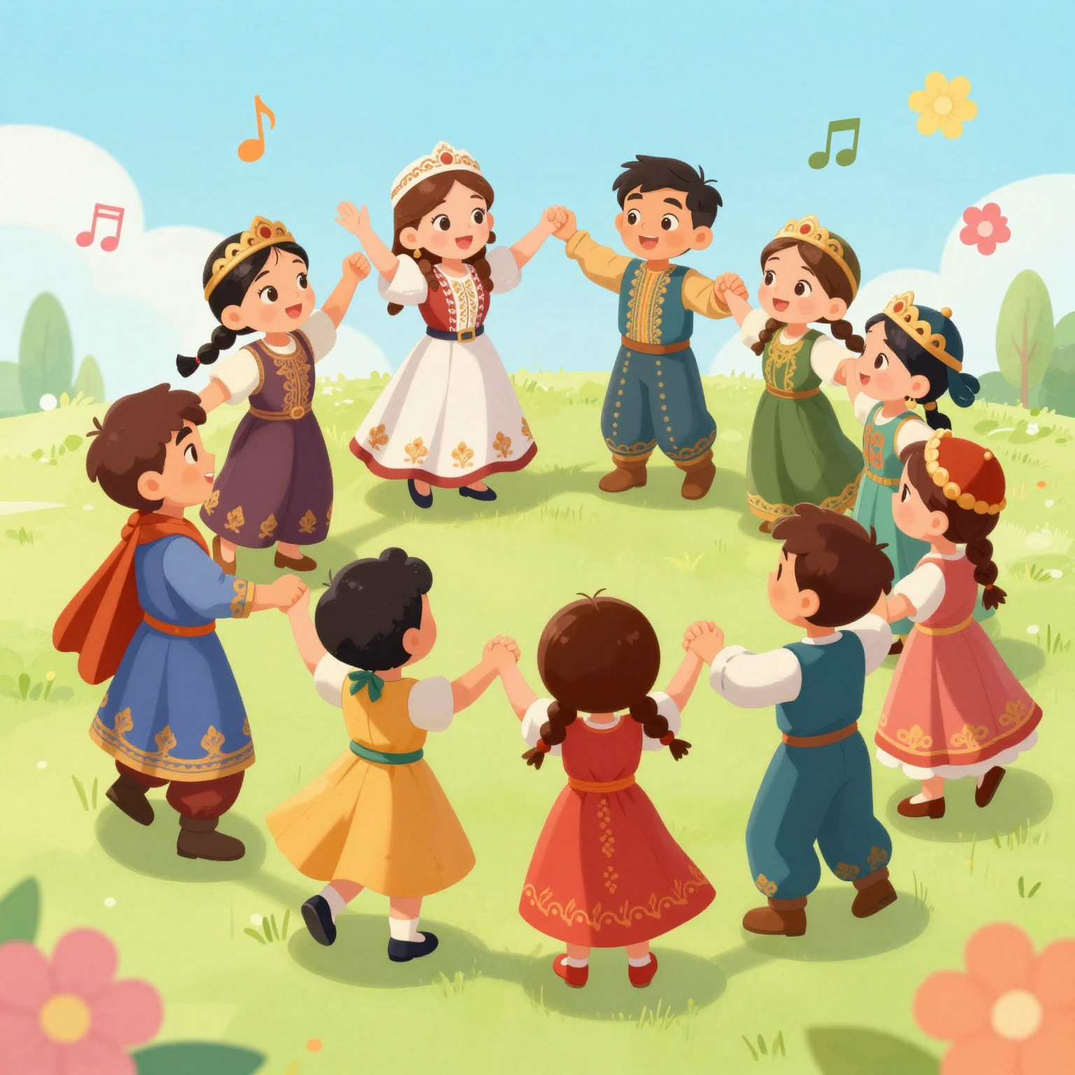 A colorful cartoon scene of Uzbek children in traditional co...