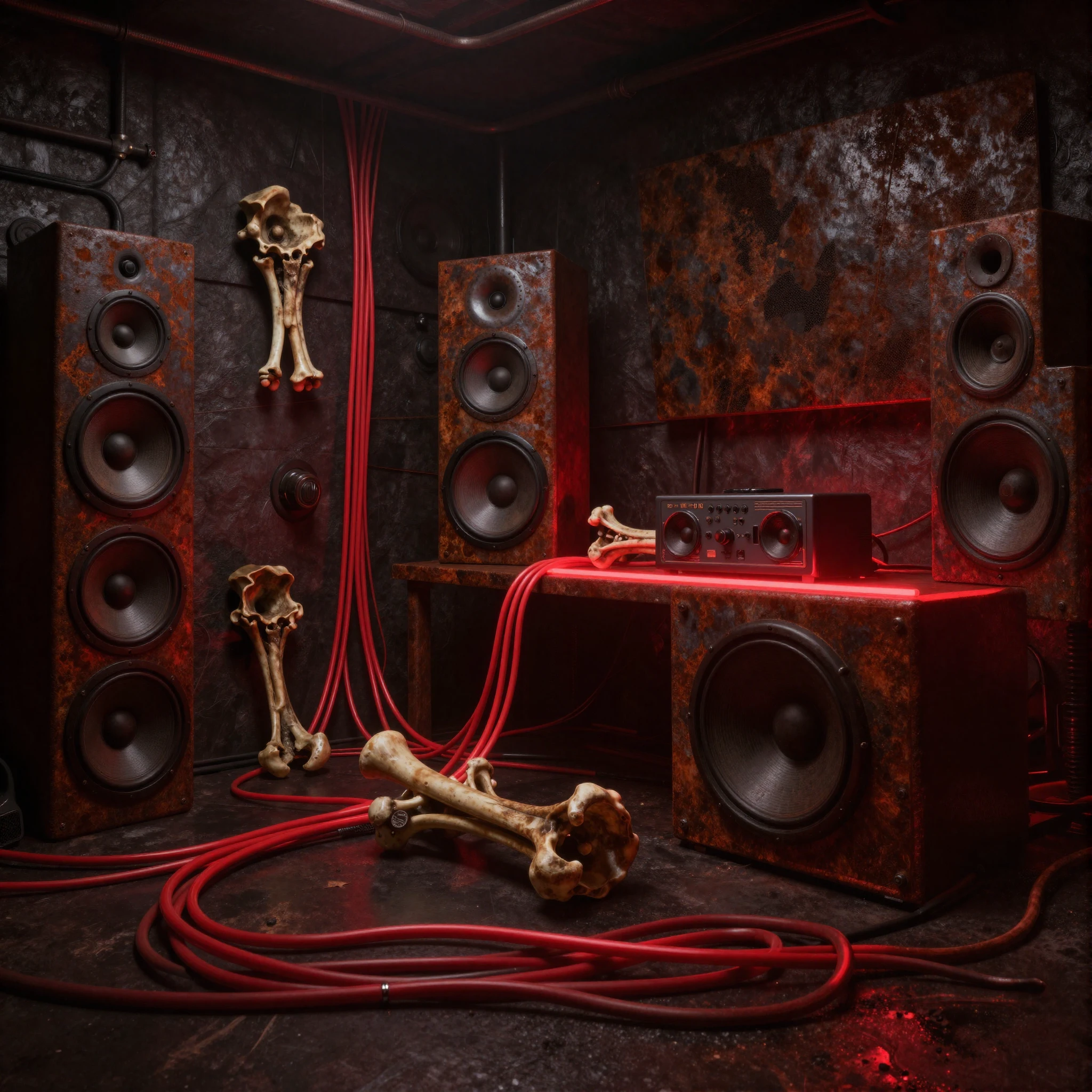 A futuristic music studio in a dark basement, glowing red wi...