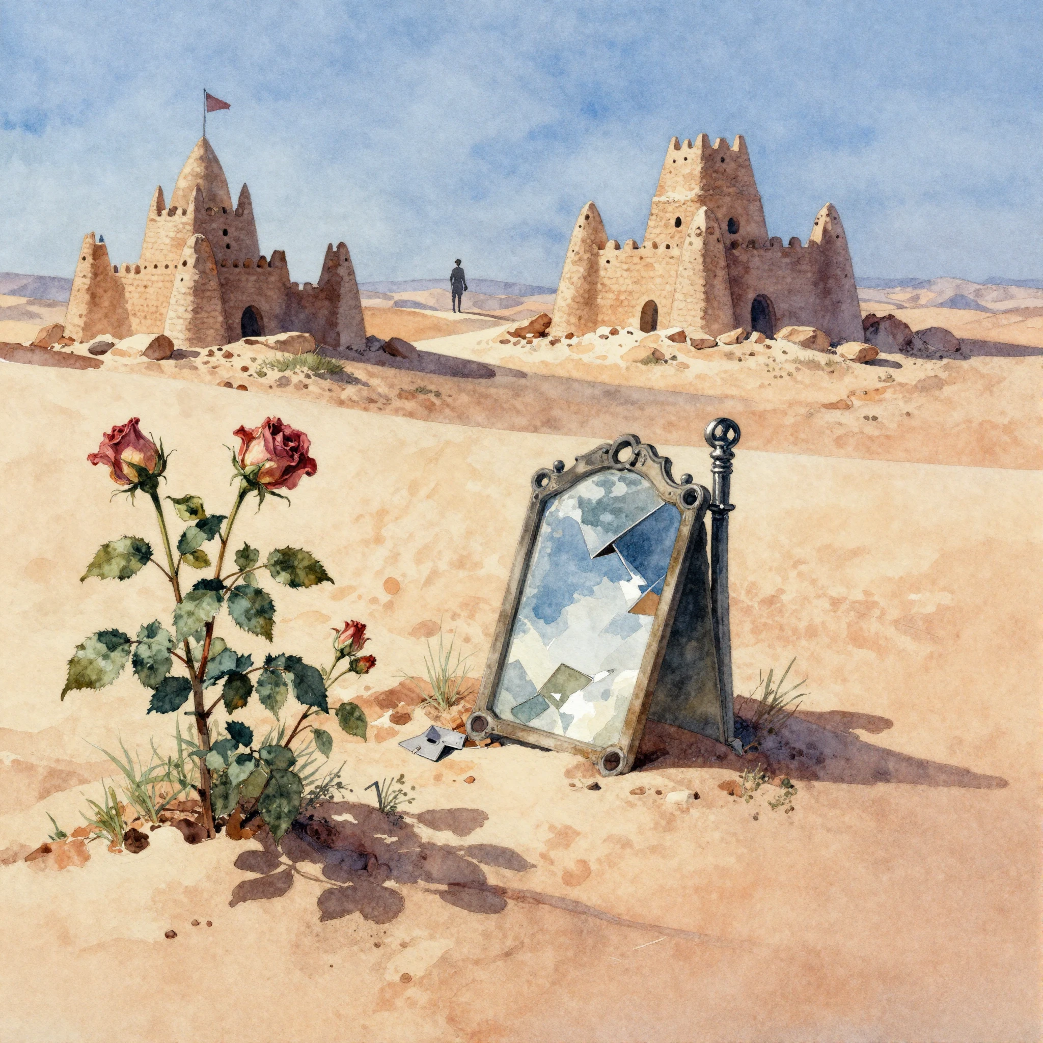 A vibrant watercolor painting of a desert landscape. The sce...