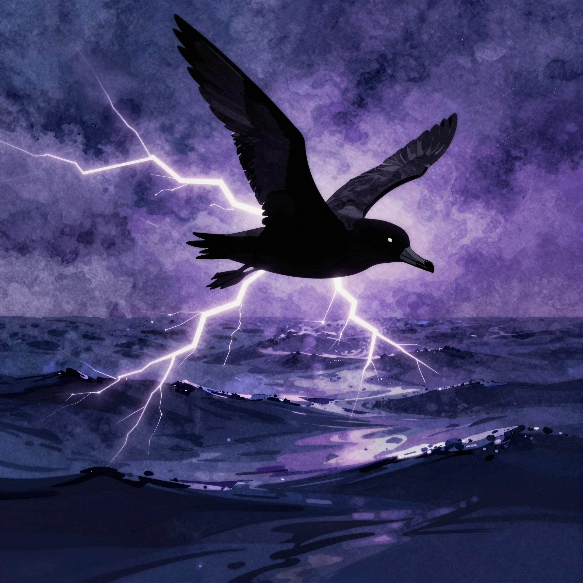 A sleek, stylized black silhouette of a storm petrel soaring...