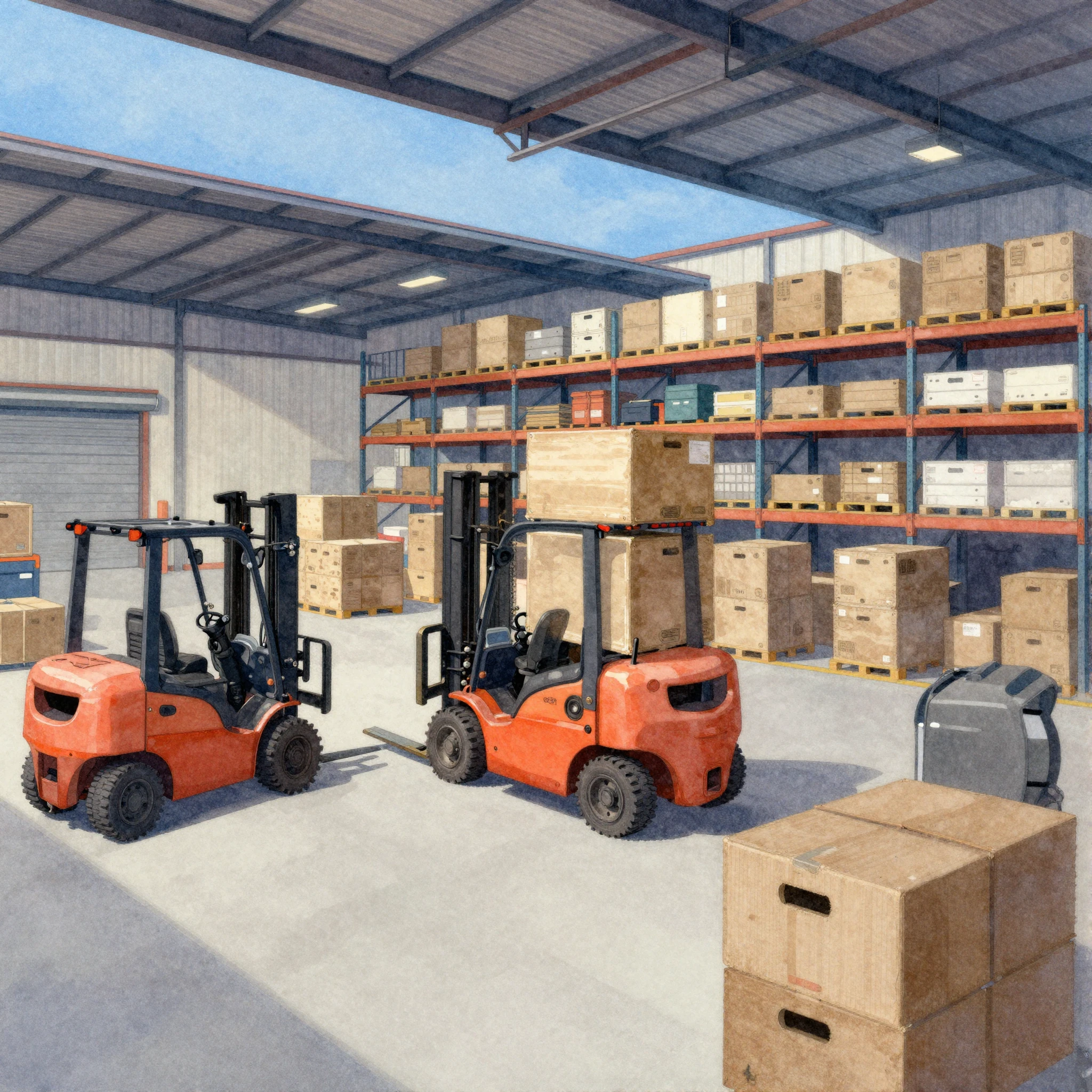 A vibrant watercolor style illustration of a busy industrial...