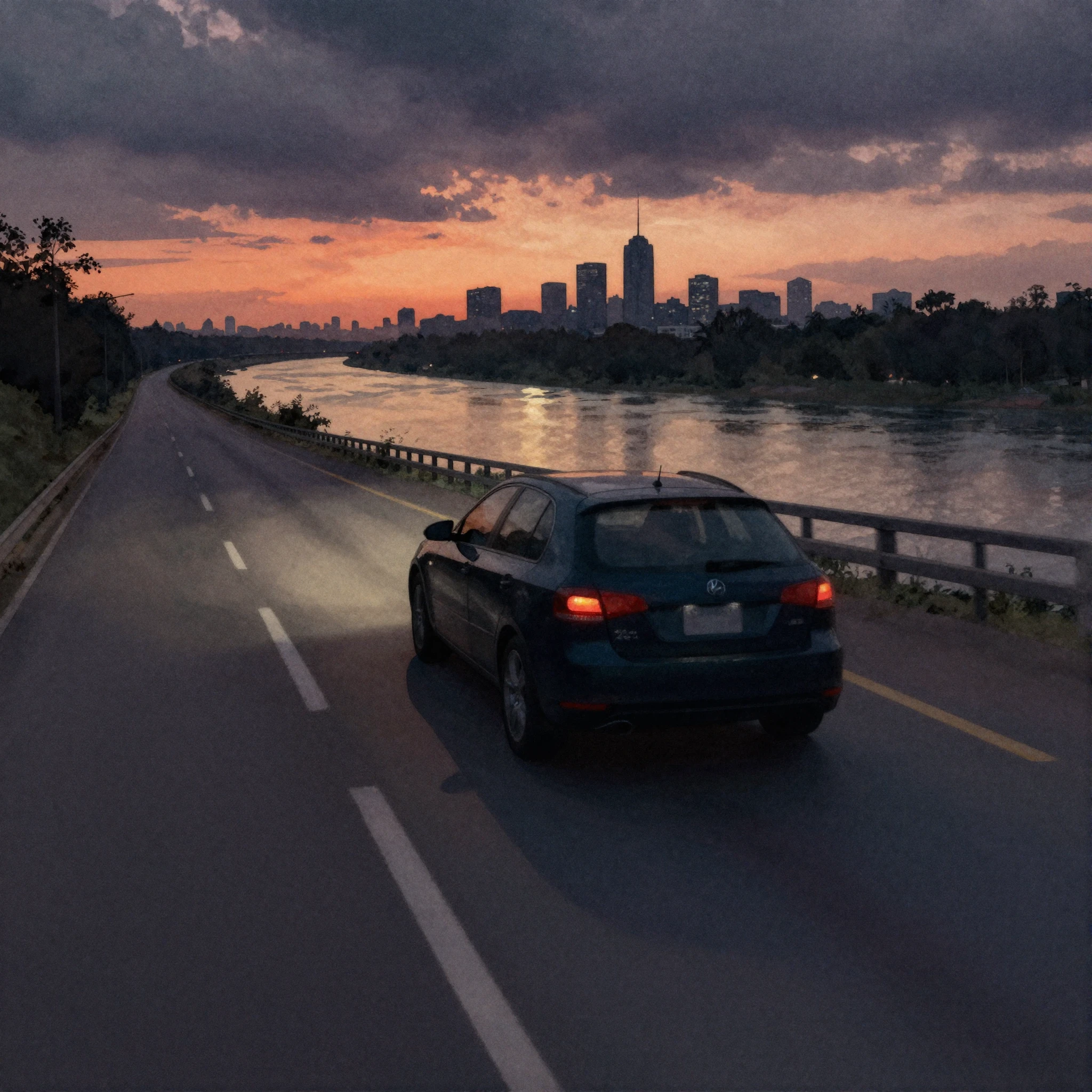 A watercolor painting illustrating a dark, moody atmosphere ...