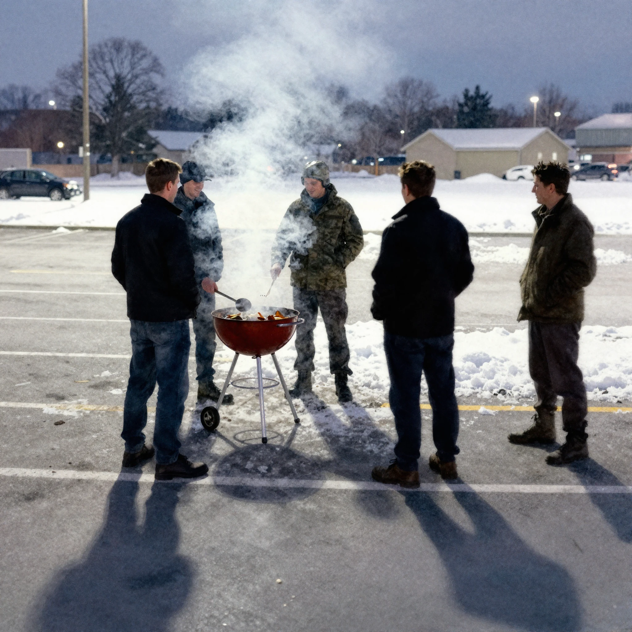 Watercolor painting of men's silhouettes standing around a b...