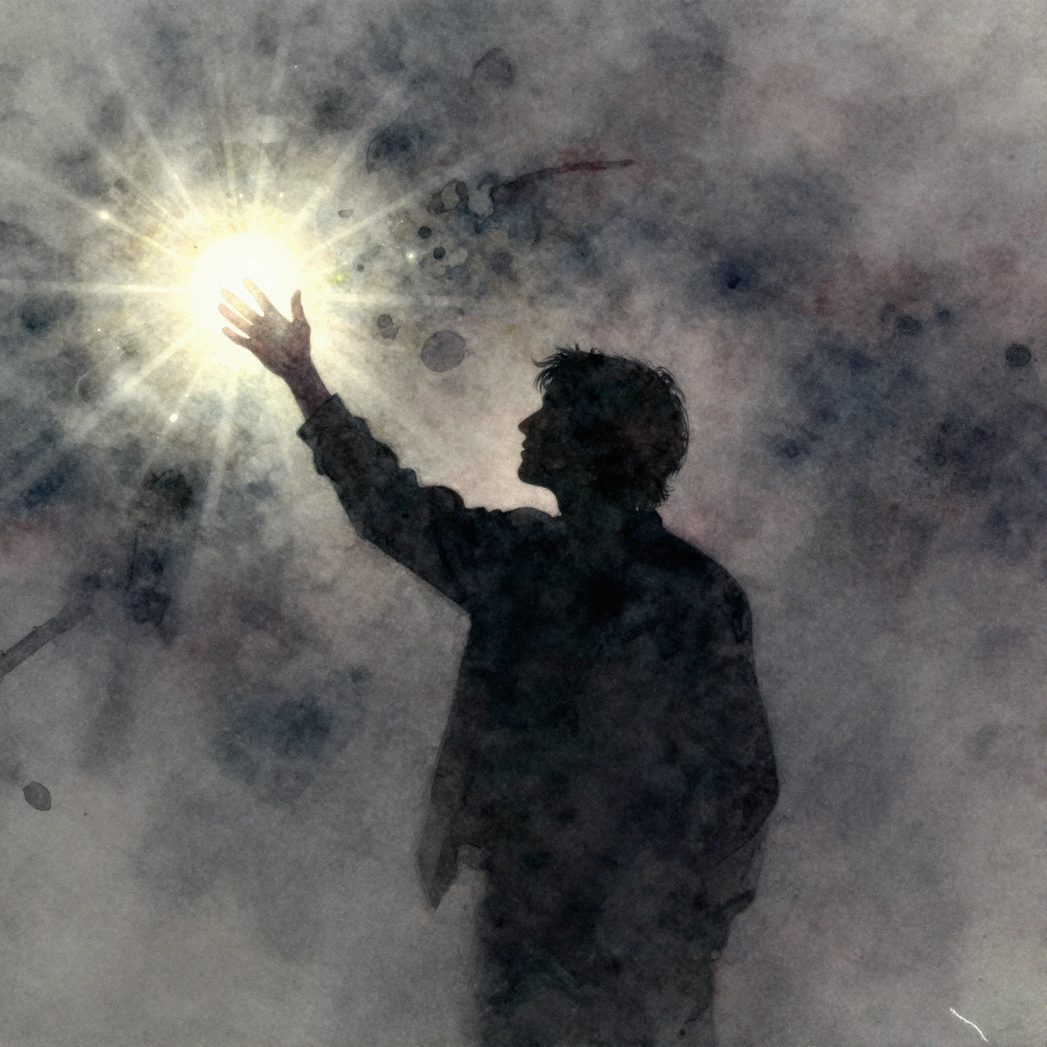 A dark, stylized silhouette of a person reaching towards a g...