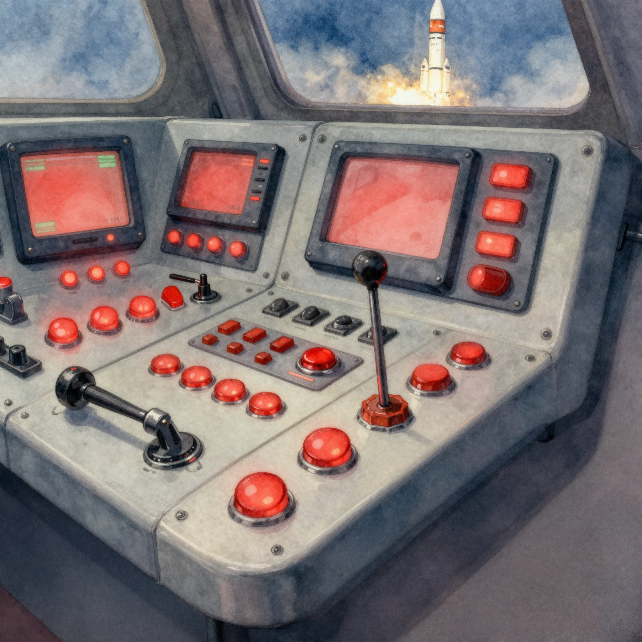 A detailed retro-style control panel with numerous glowing r...