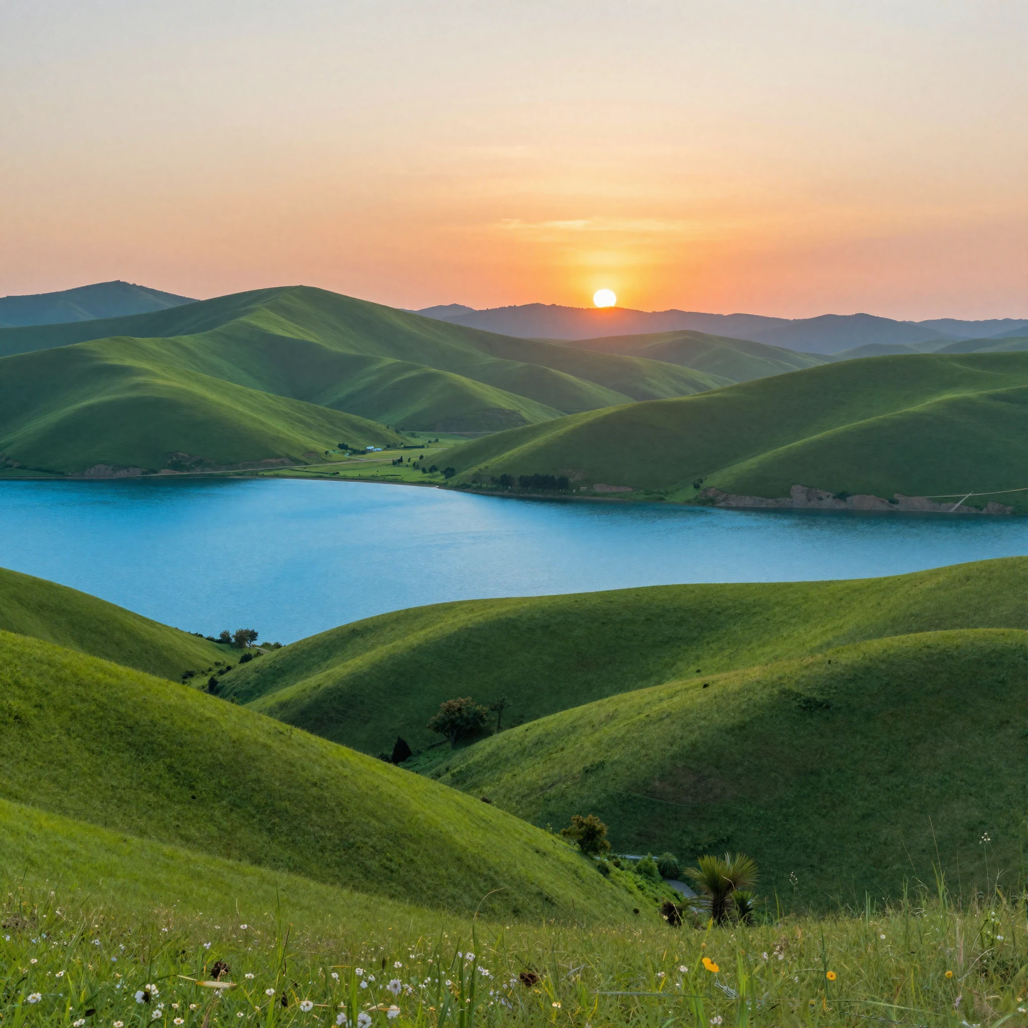 A serene landscape illustration featuring rolling green hill...