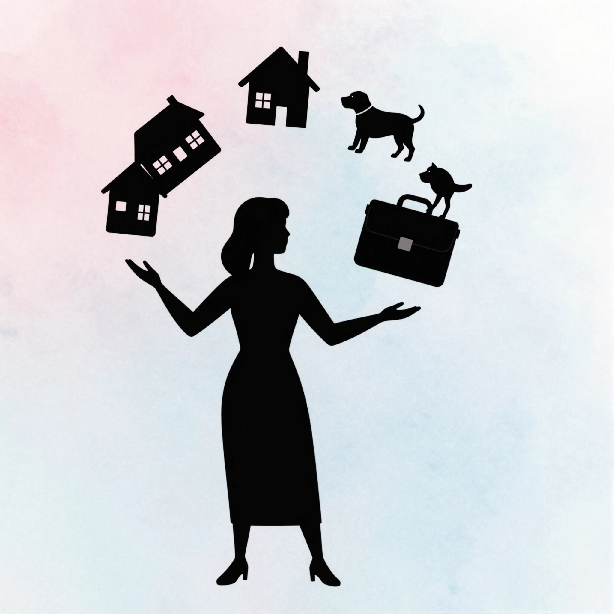 Minimalist vector art silhouette of a woman juggling many he...