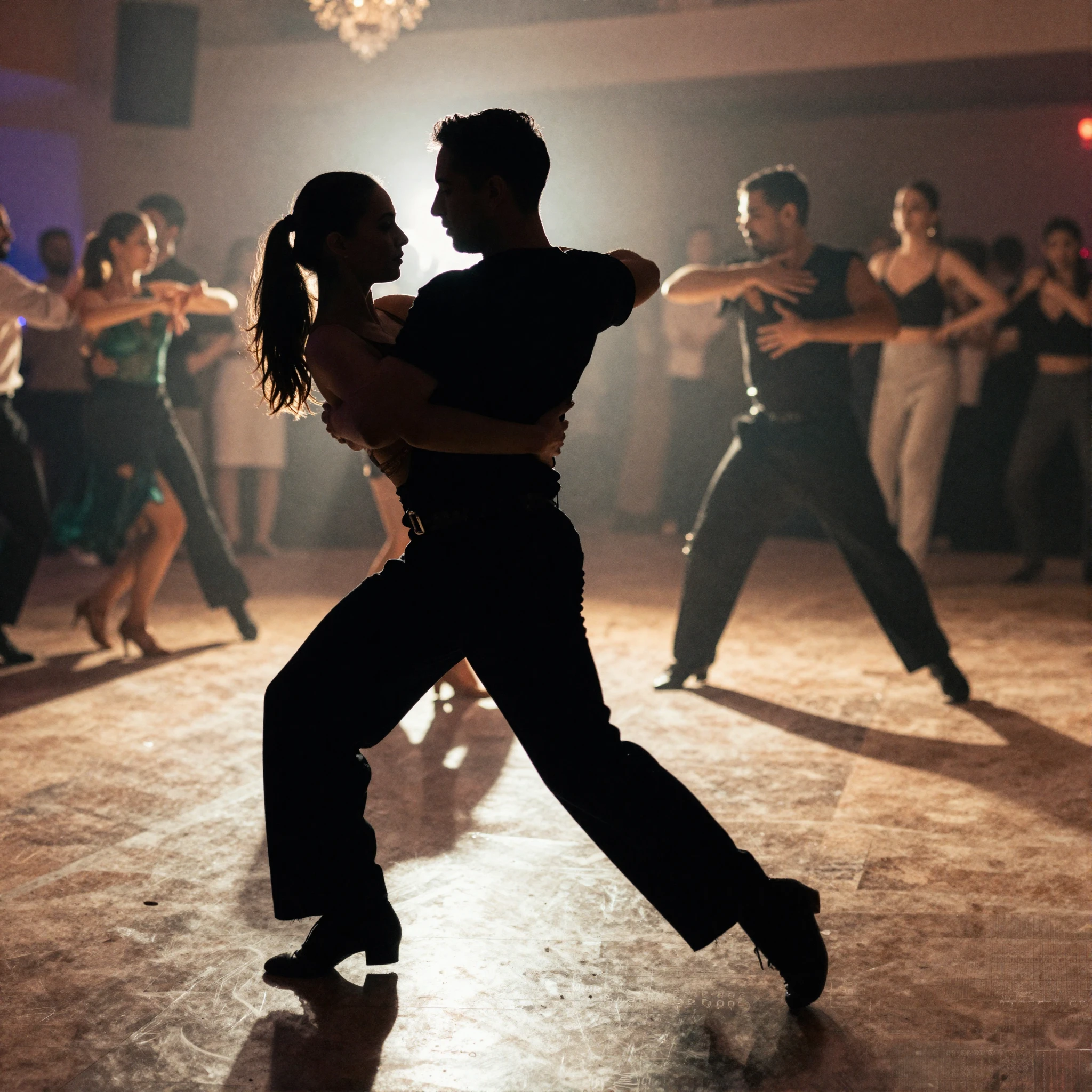 Silhouette of a man dancing salsa, dynamic pose, energetic m...