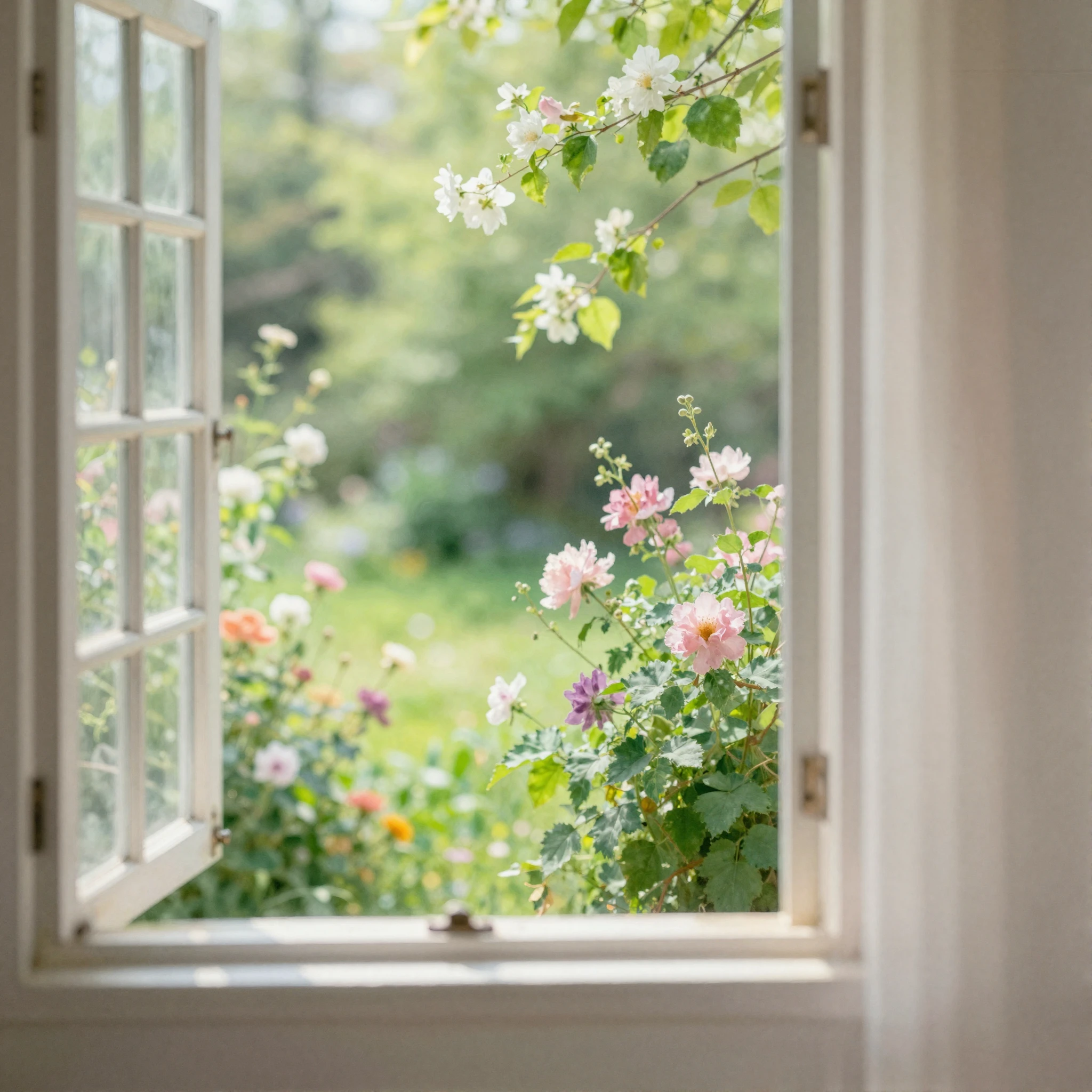 A watercolor painting of a vibrant spring garden seen throug...