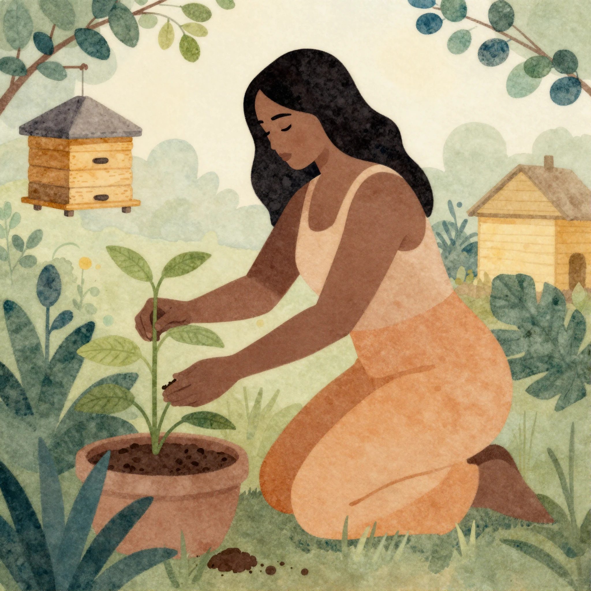 A silhouette of a strong, nurturing woman tending to plants ...