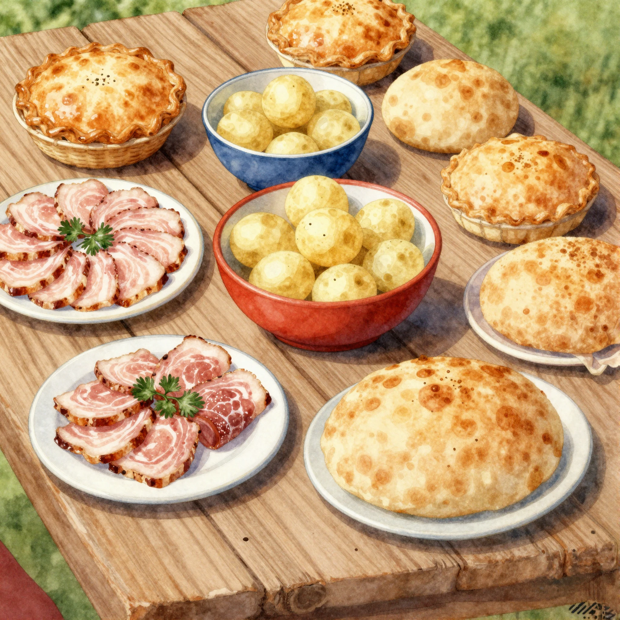 Vibrant watercolor illustration of a rustic wooden table lad...