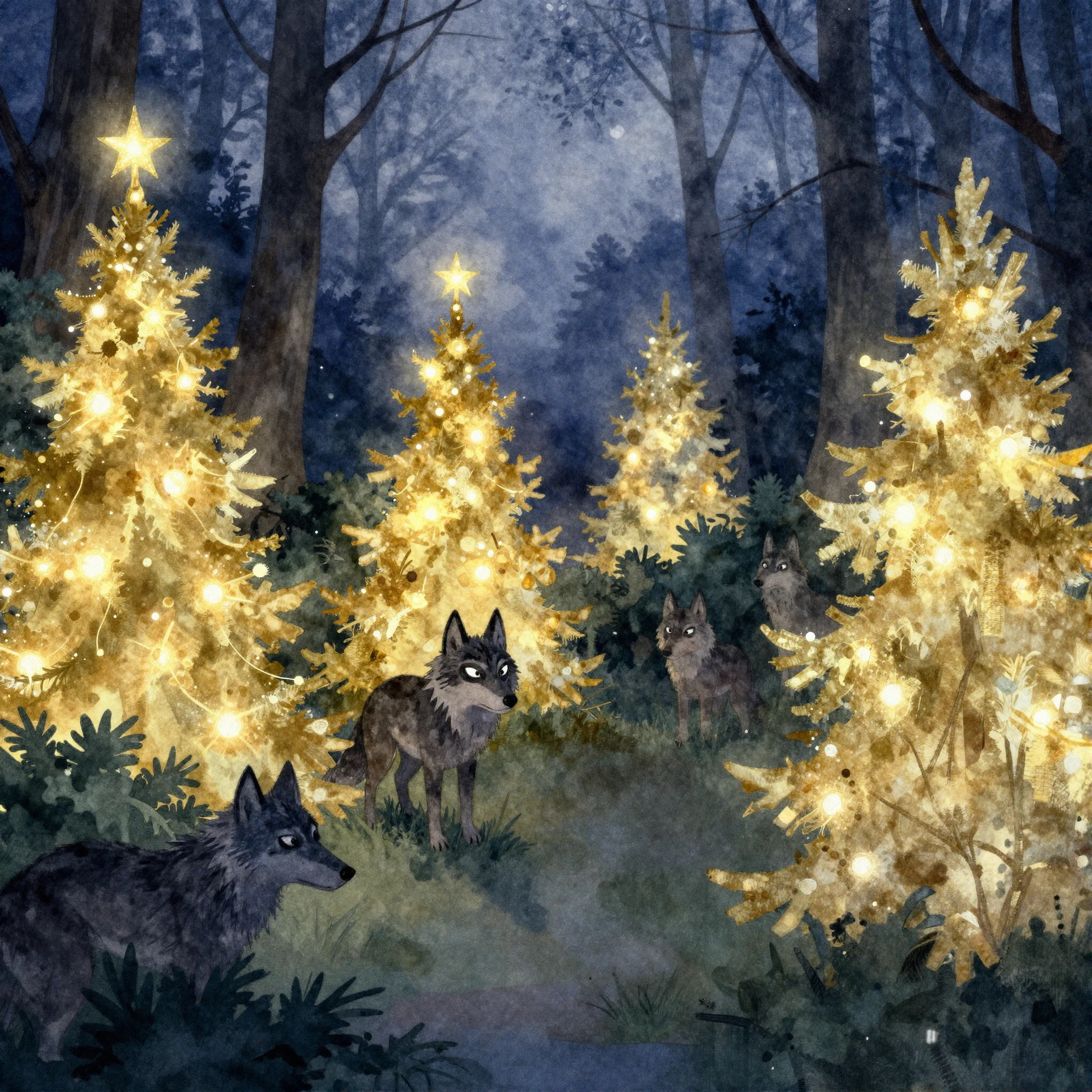 A dark forest scene with glowing golden Christmas trees, eer...