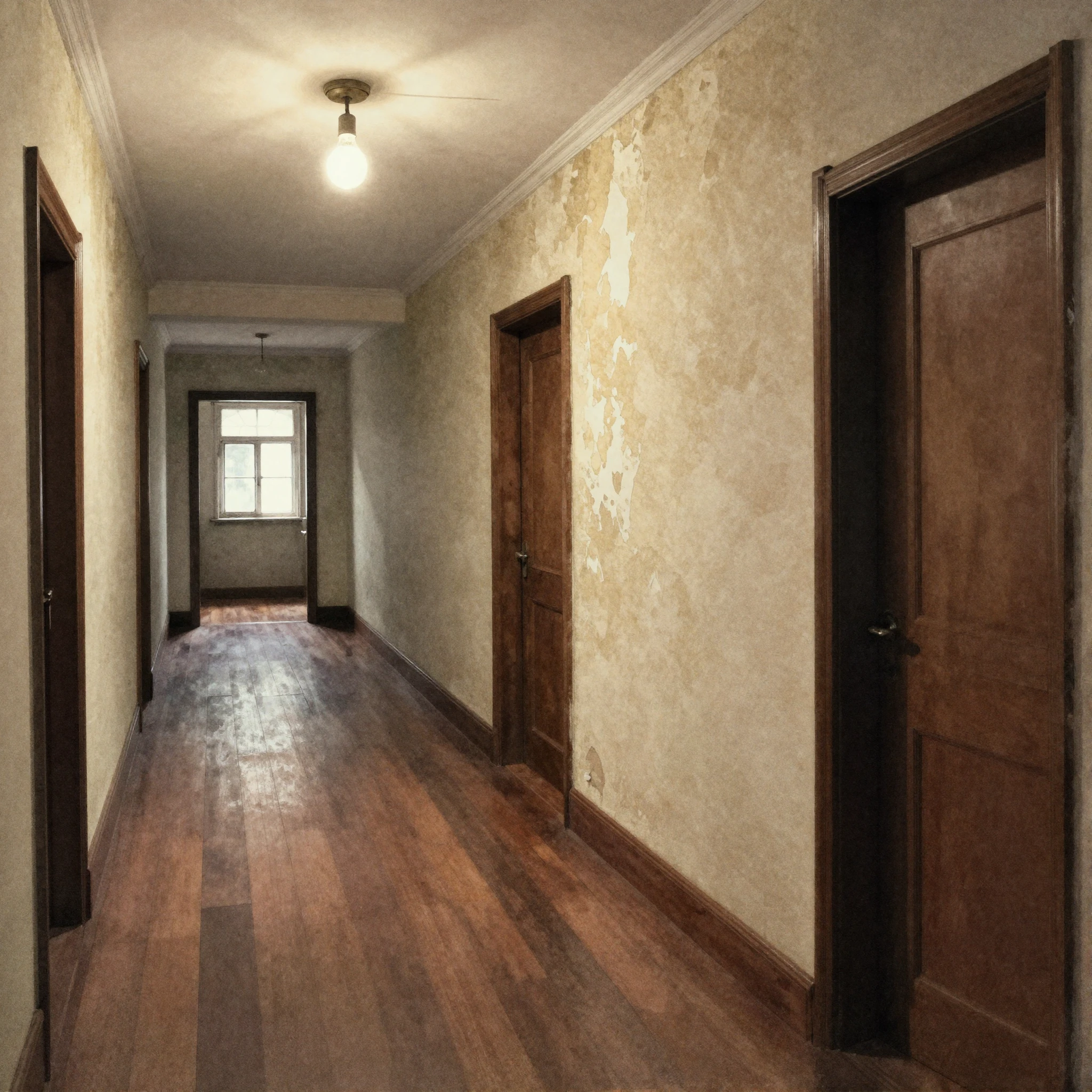 A watercolor illustration of an old apartment hallway. It is...