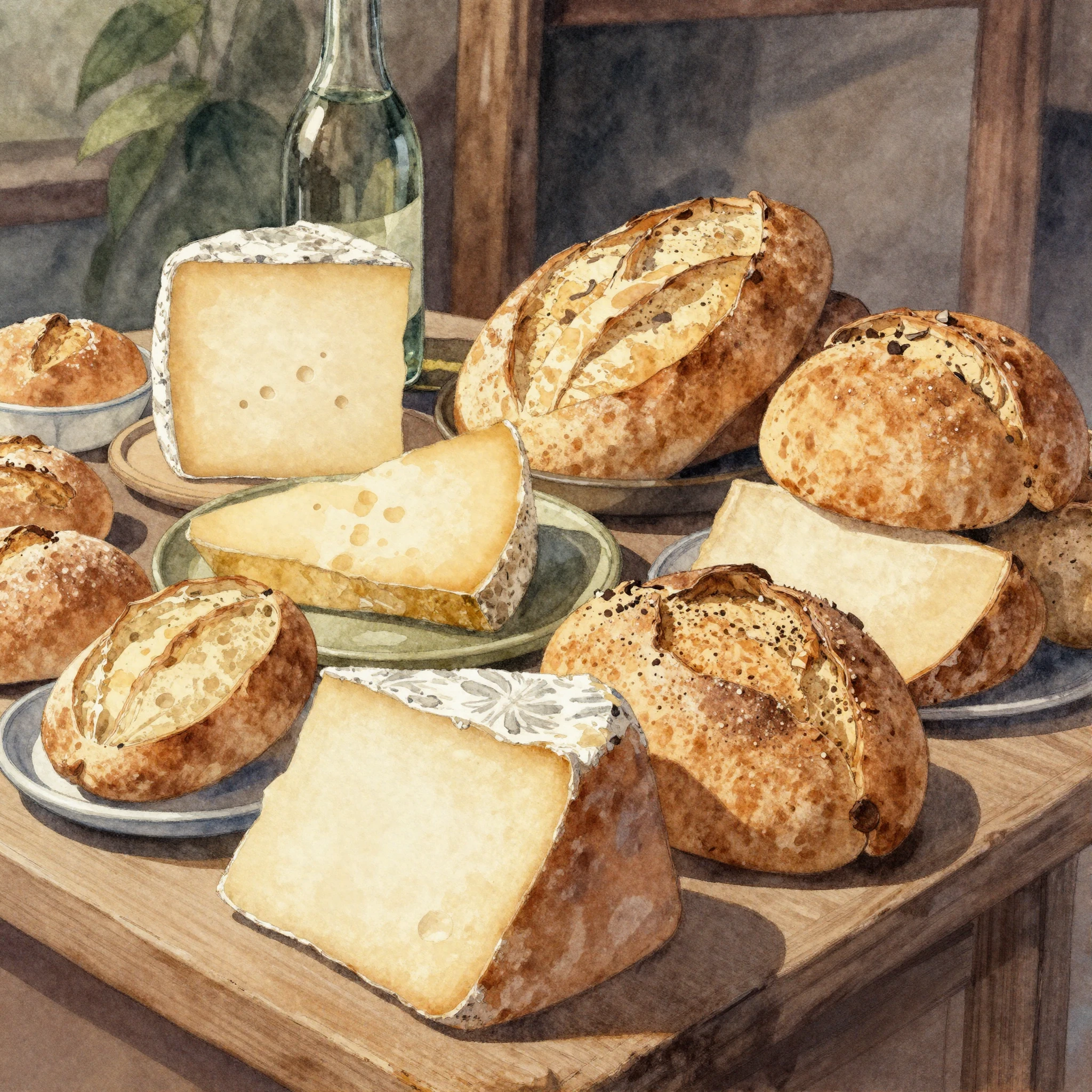 A vibrant watercolor painting of a rustic and cozy food sett...