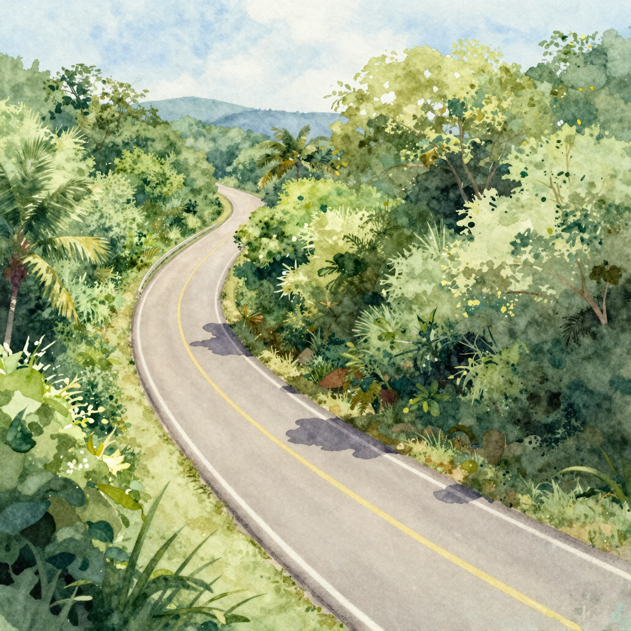 A serene, vibrant watercolor landscape featuring a sun-drenc...