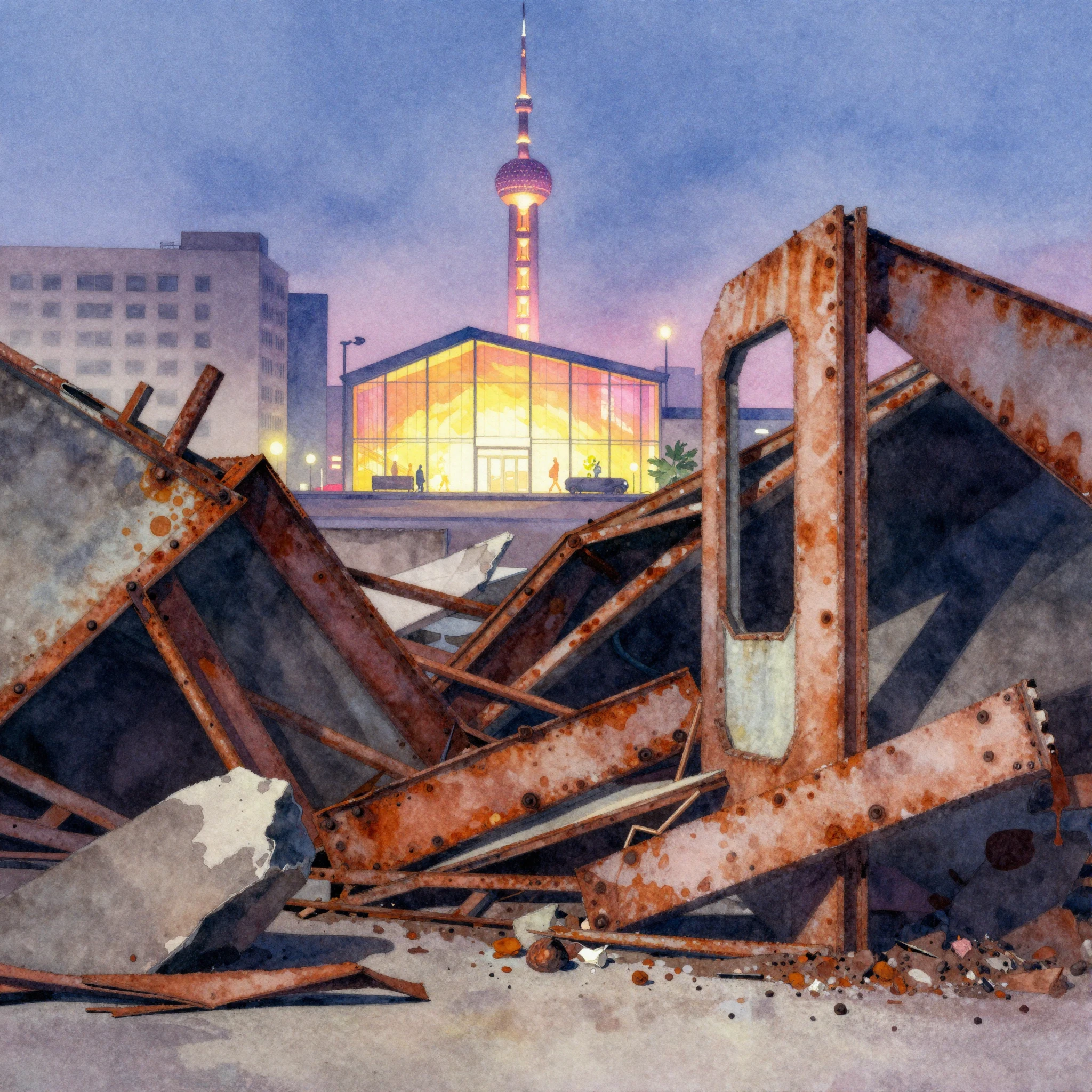 A vibrant watercolor painting contrasting a scene of urban d...