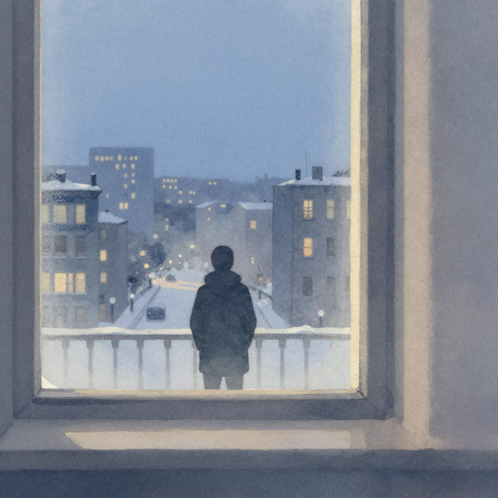 A minimalist watercolor painting depicting a serene snowy ci...