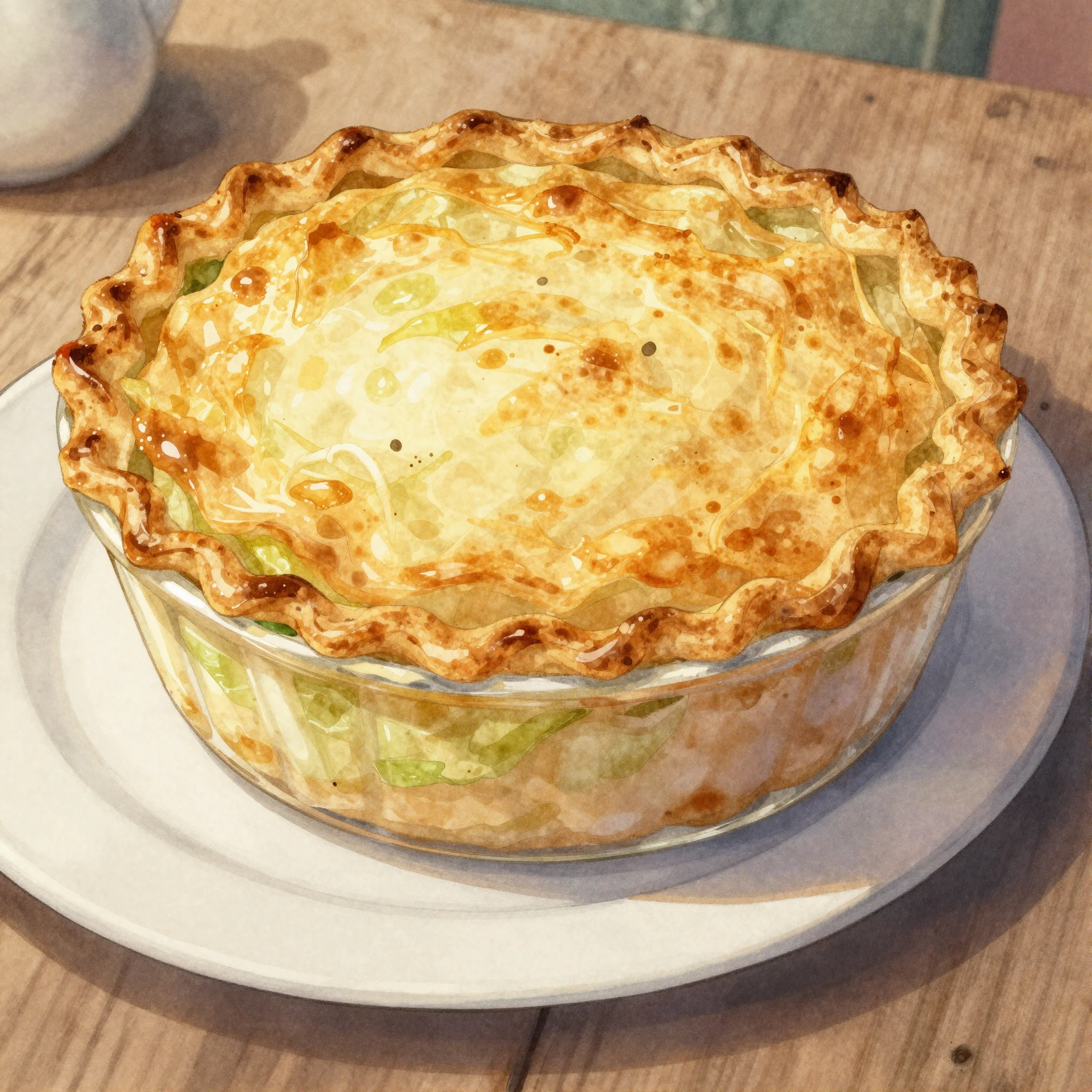 A vibrant watercolor illustration of a delicious, golden-cru...