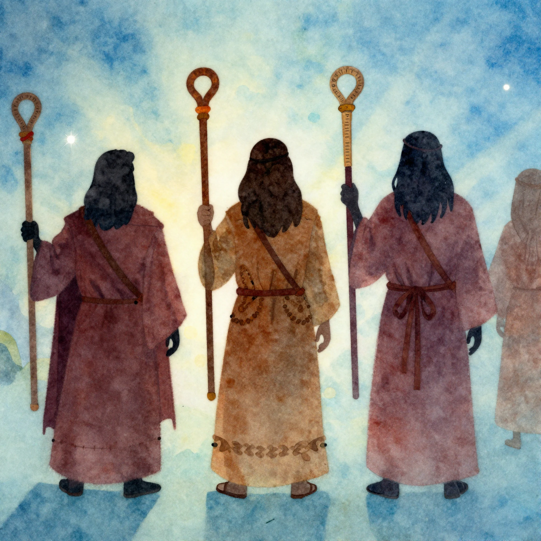 Silhouettes of teachers in shamanic robes holding rulers lik...