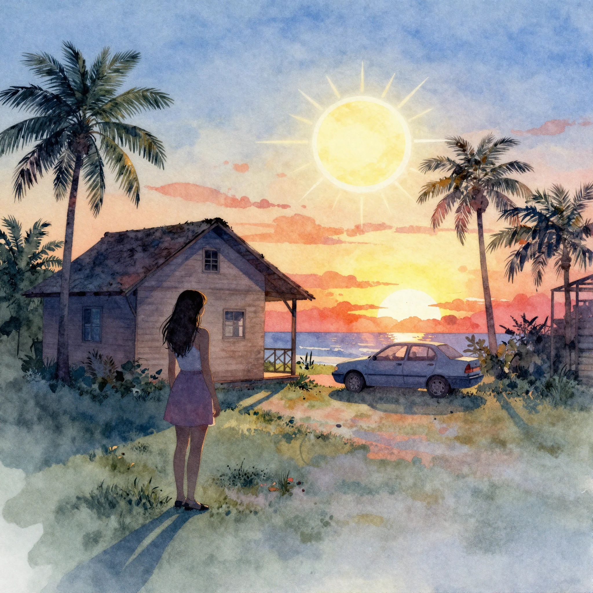 Watercolor style. A silhouette of a girl standing by a count...