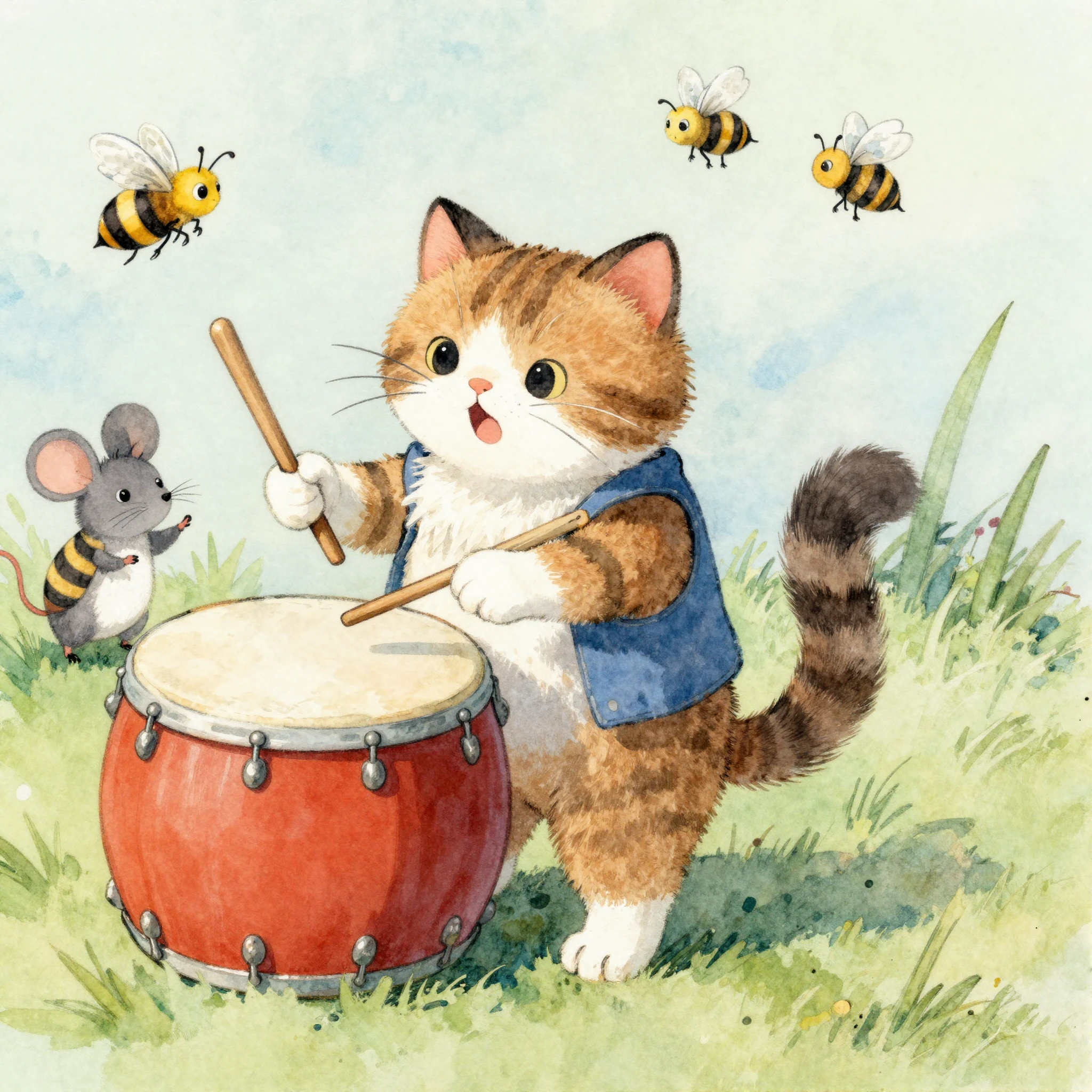 A whimsical illustration in watercolor style featuring a cat...