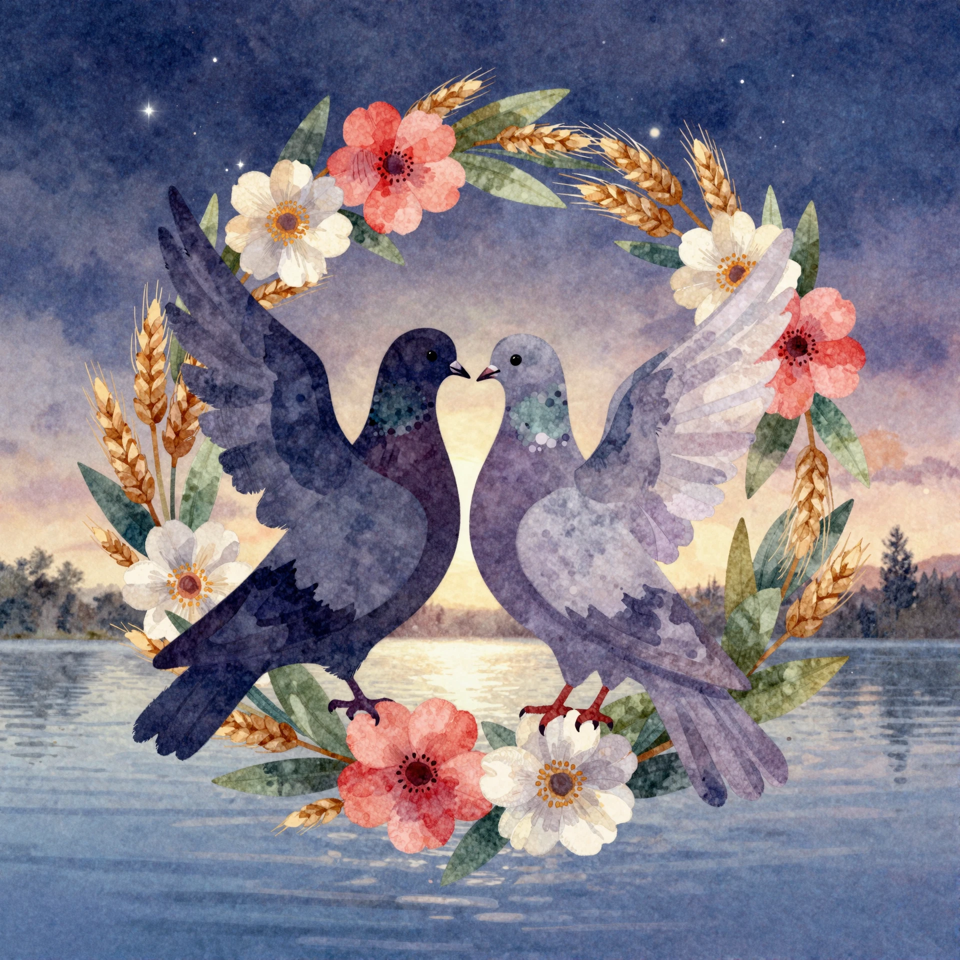 A vibrant watercolor illustration of a silhouette of two dov...