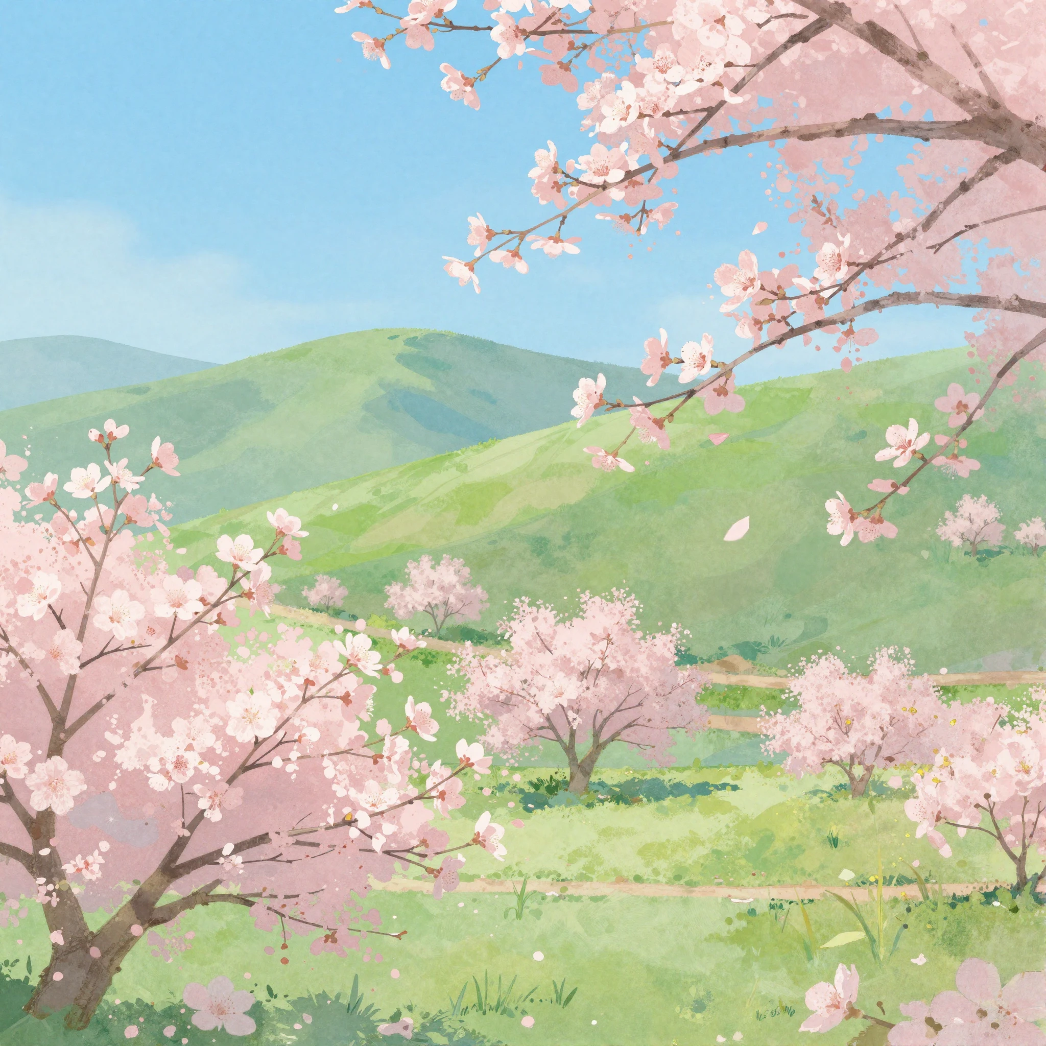 An artistic illustration of a serene spring landscape with b...