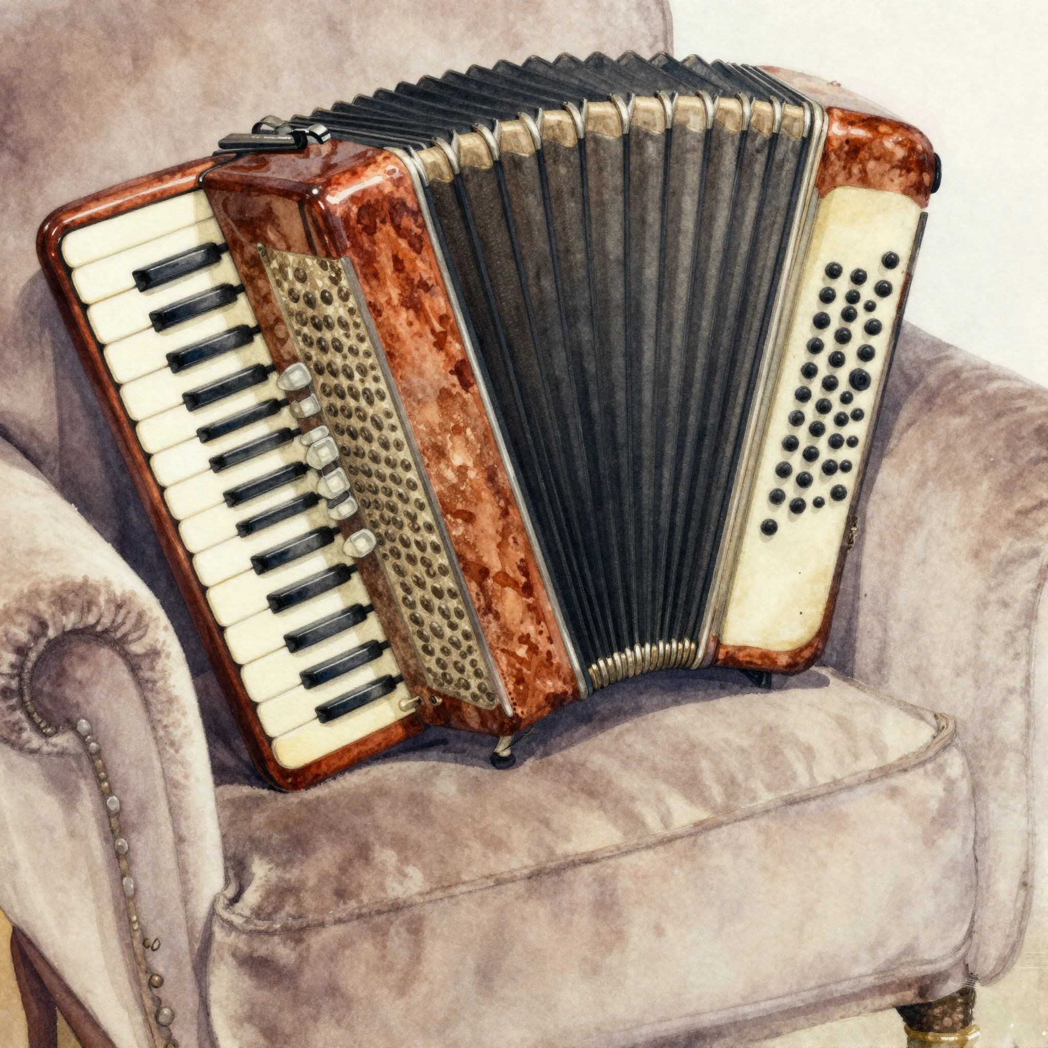 A watercolor painting of an old, well-loved accordion restin...