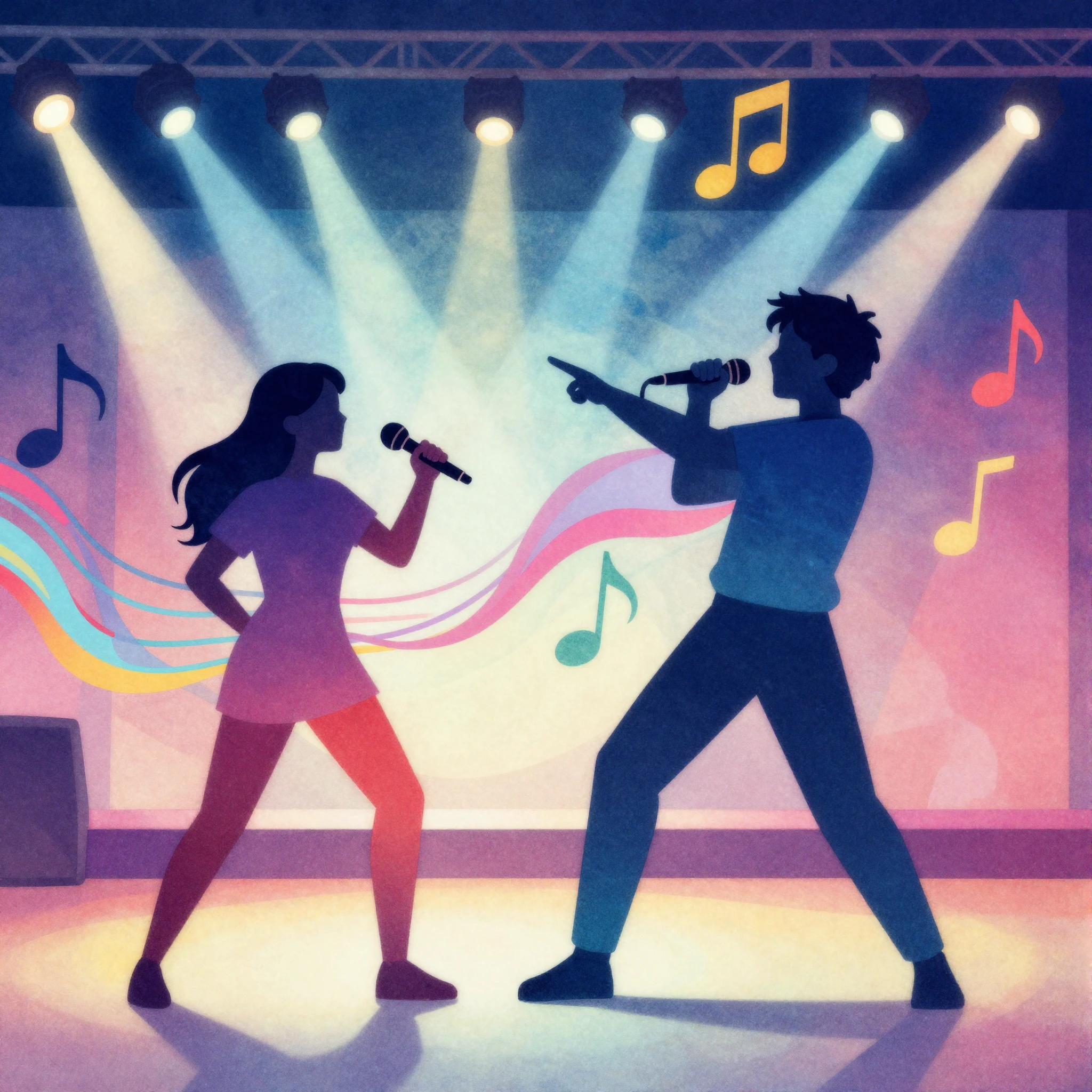 Vibrant watercolor style. Dynamic pop art illustration: two ...