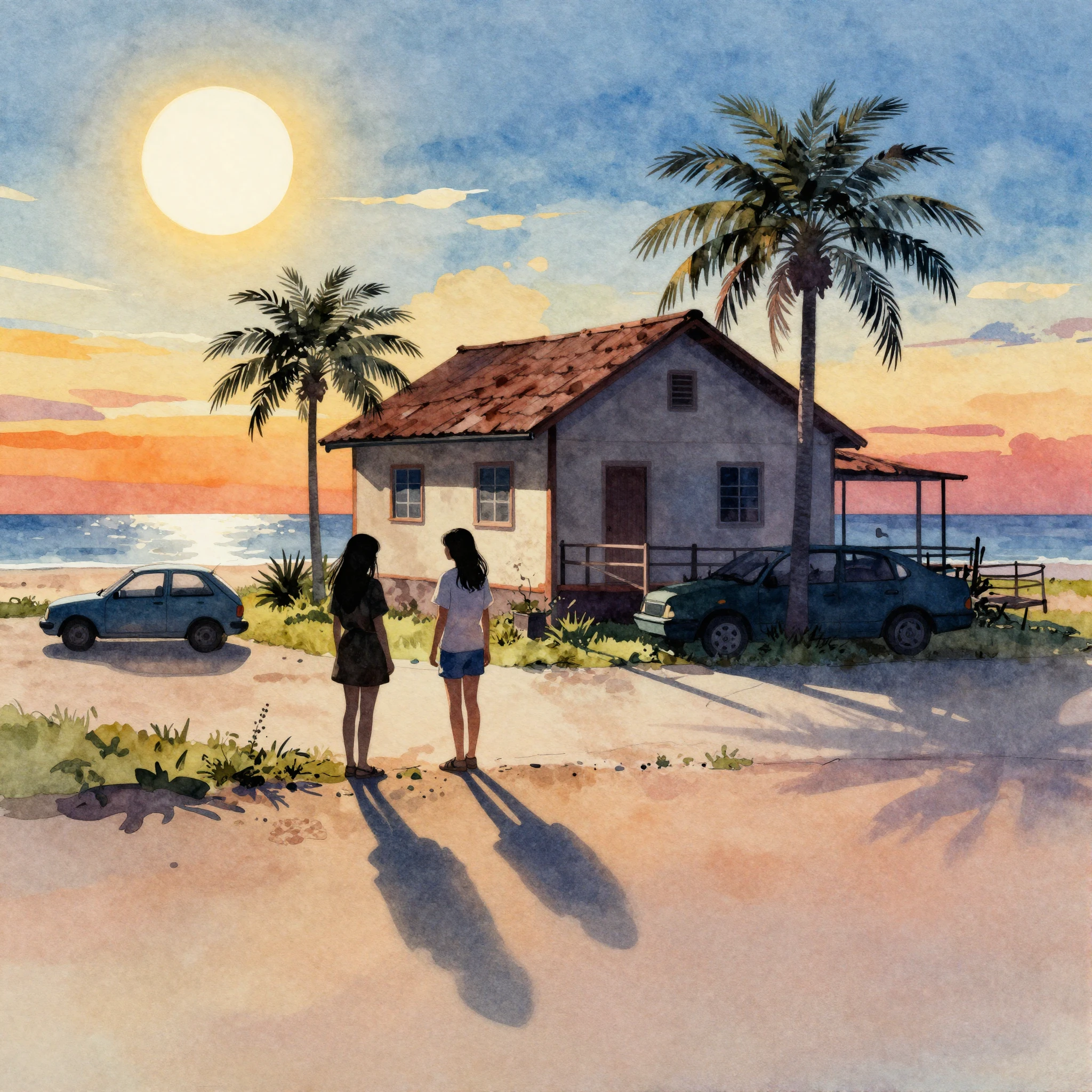 Watercolor style. A silhouette of a girl standing by a count...