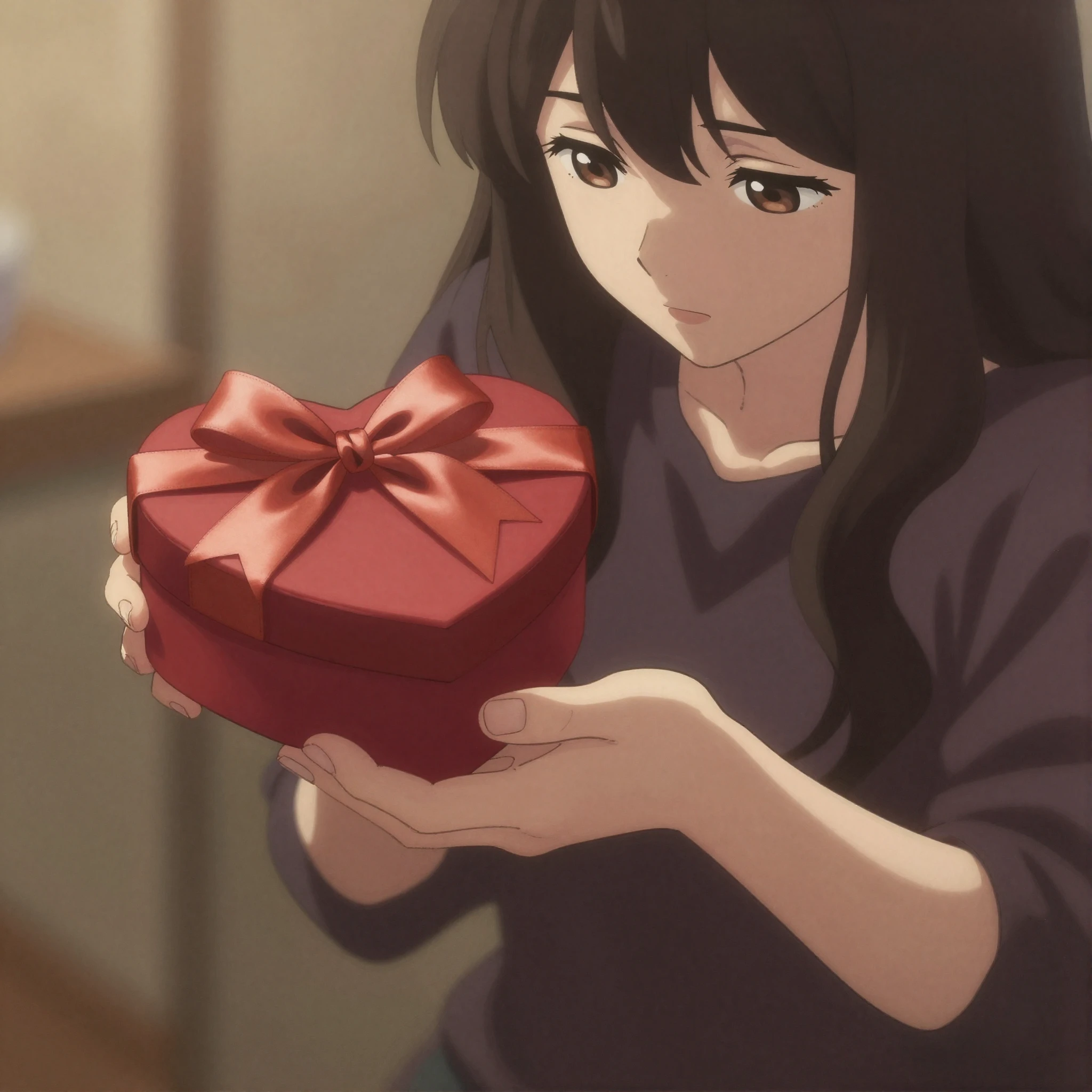 An anime-style illustration of a young woman shyly offering ...